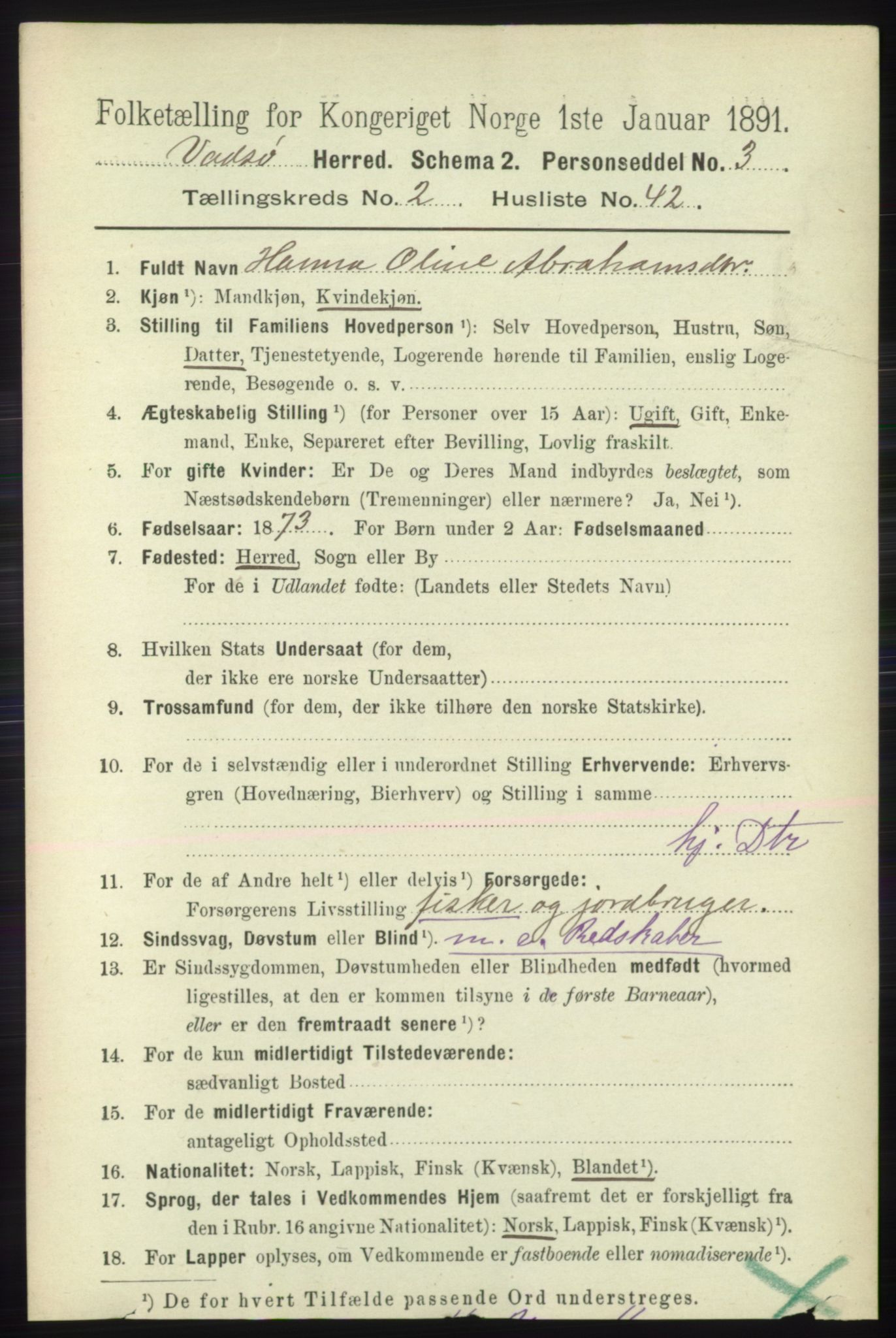 RA, 1891 census for 2029 Vadsø, 1891, p. 725