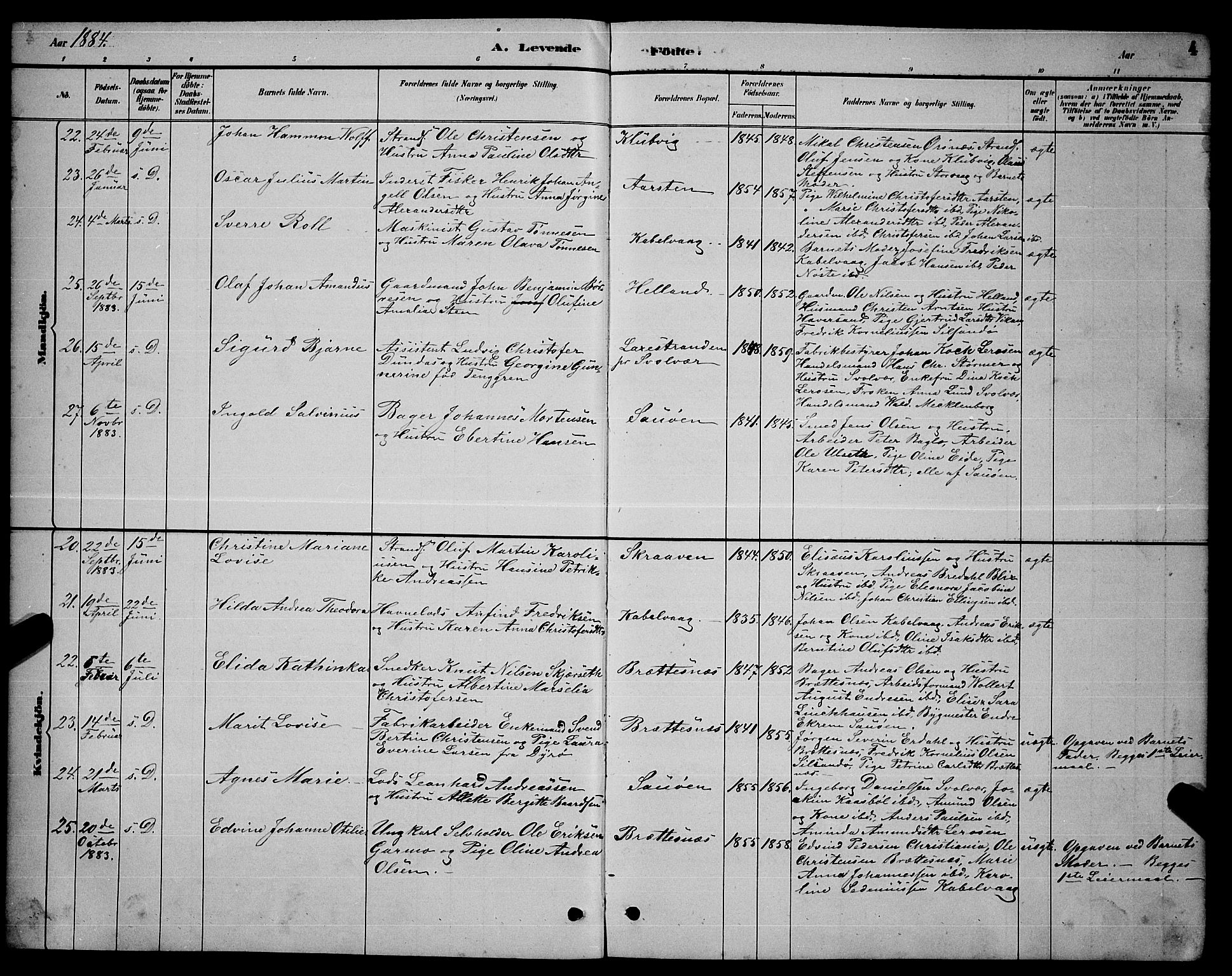 Ministerialprotokoller, klokkerbøker og fødselsregistre - Nordland, AV/SAT-A-1459/874/L1076: Parish register (copy) no. 874C05, 1884-1890, p. 4