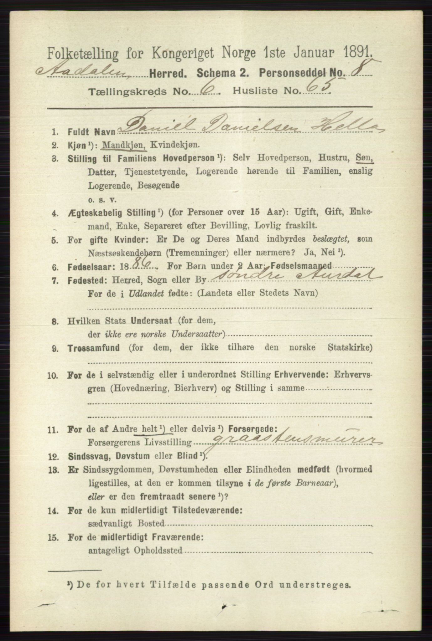 RA, 1891 census for 0614 Ådal, 1891, p. 3007