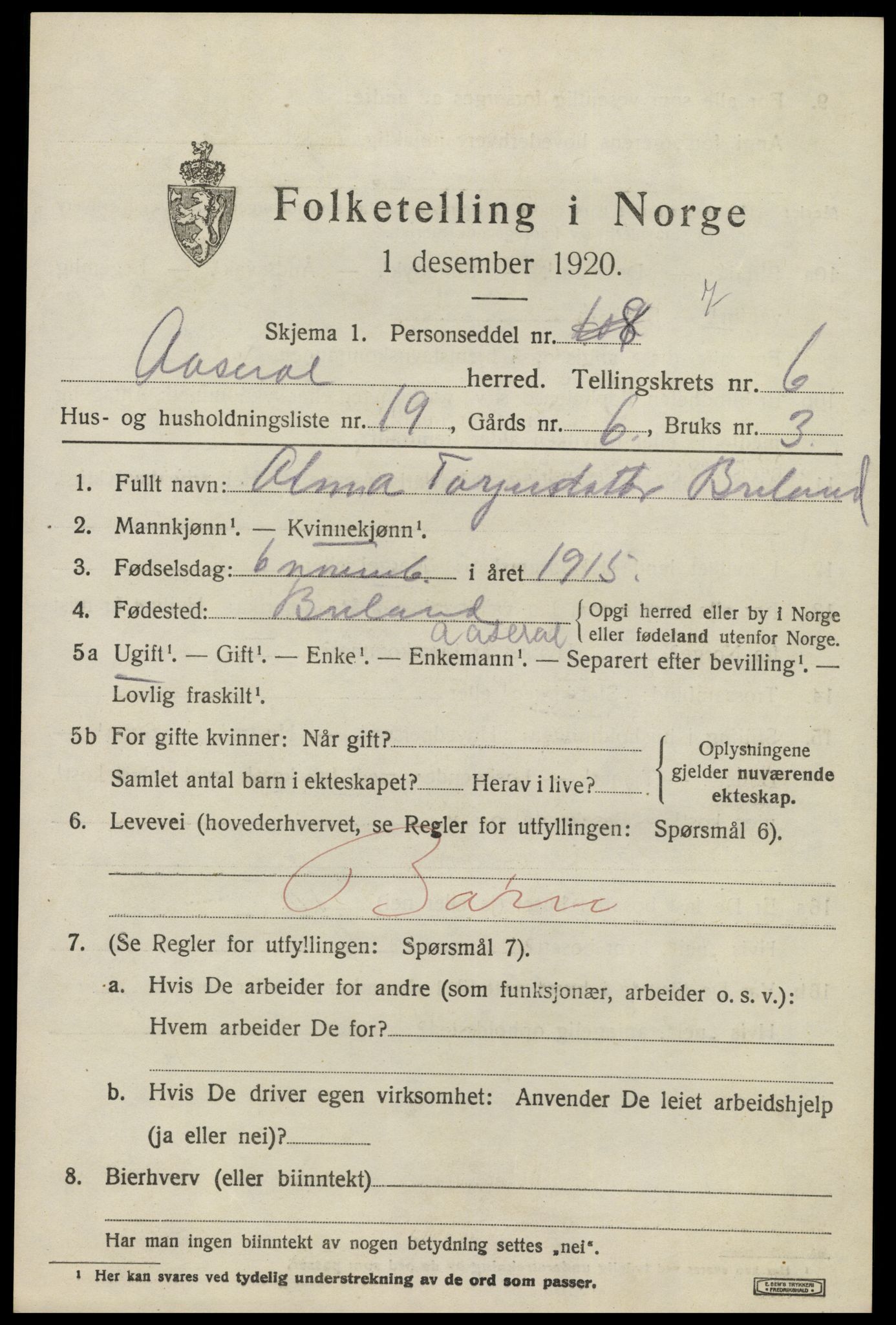 SAK, 1920 census for Åseral, 1920, p. 2012