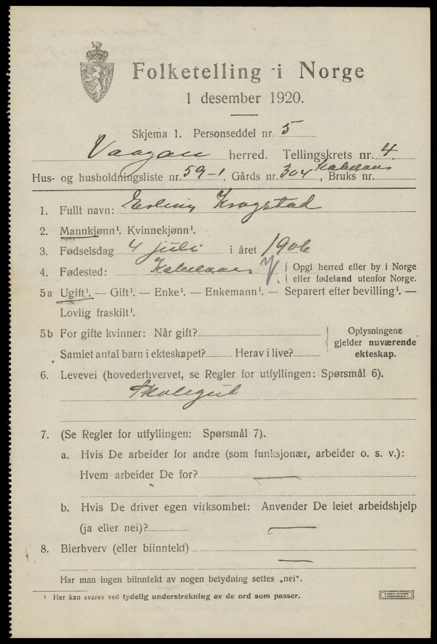 SAT, 1920 census for Vågan, 1920, p. 3945