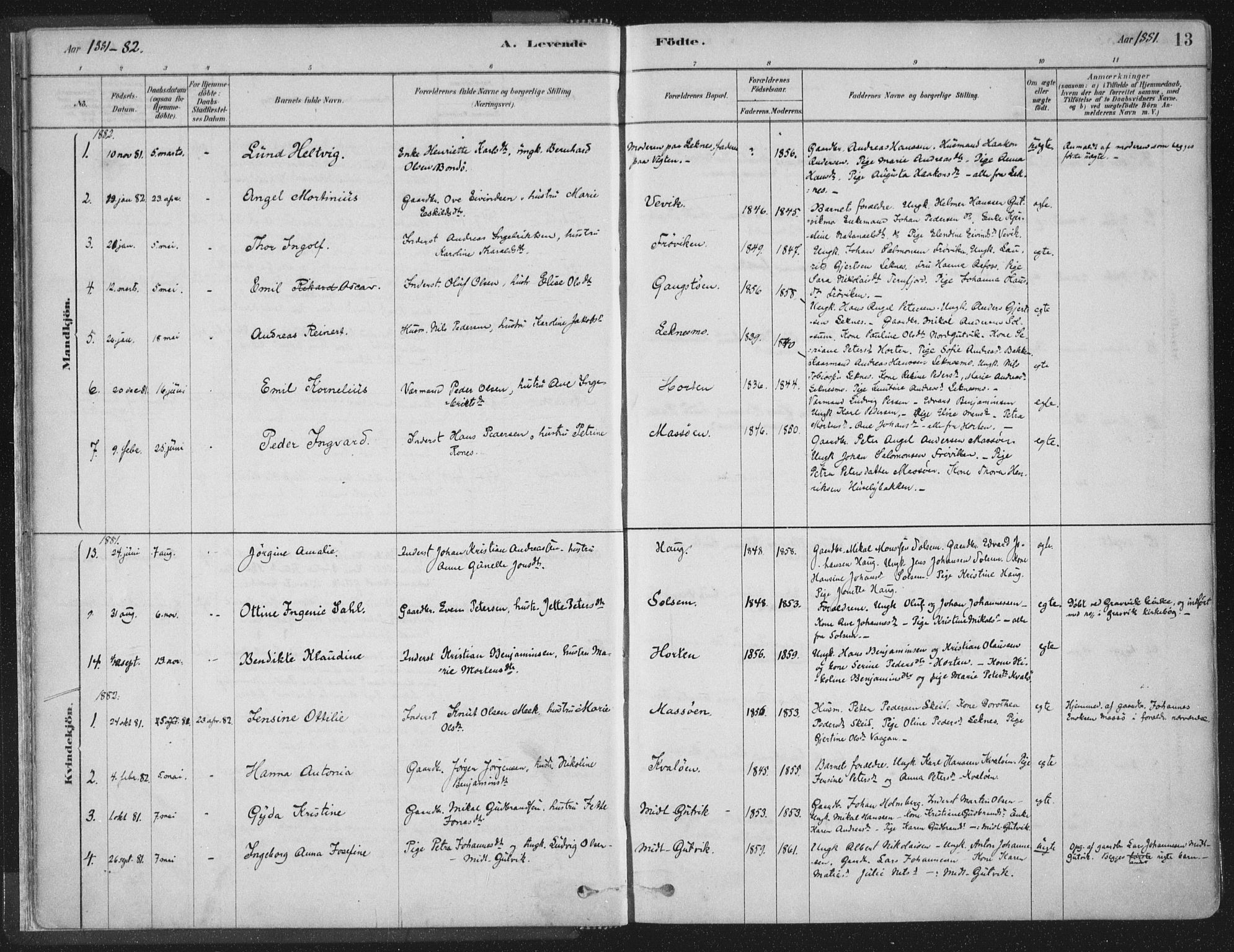 Ministerialprotokoller, klokkerbøker og fødselsregistre - Nord-Trøndelag, SAT/A-1458/788/L0697: Parish register (official) no. 788A04, 1878-1902, p. 13