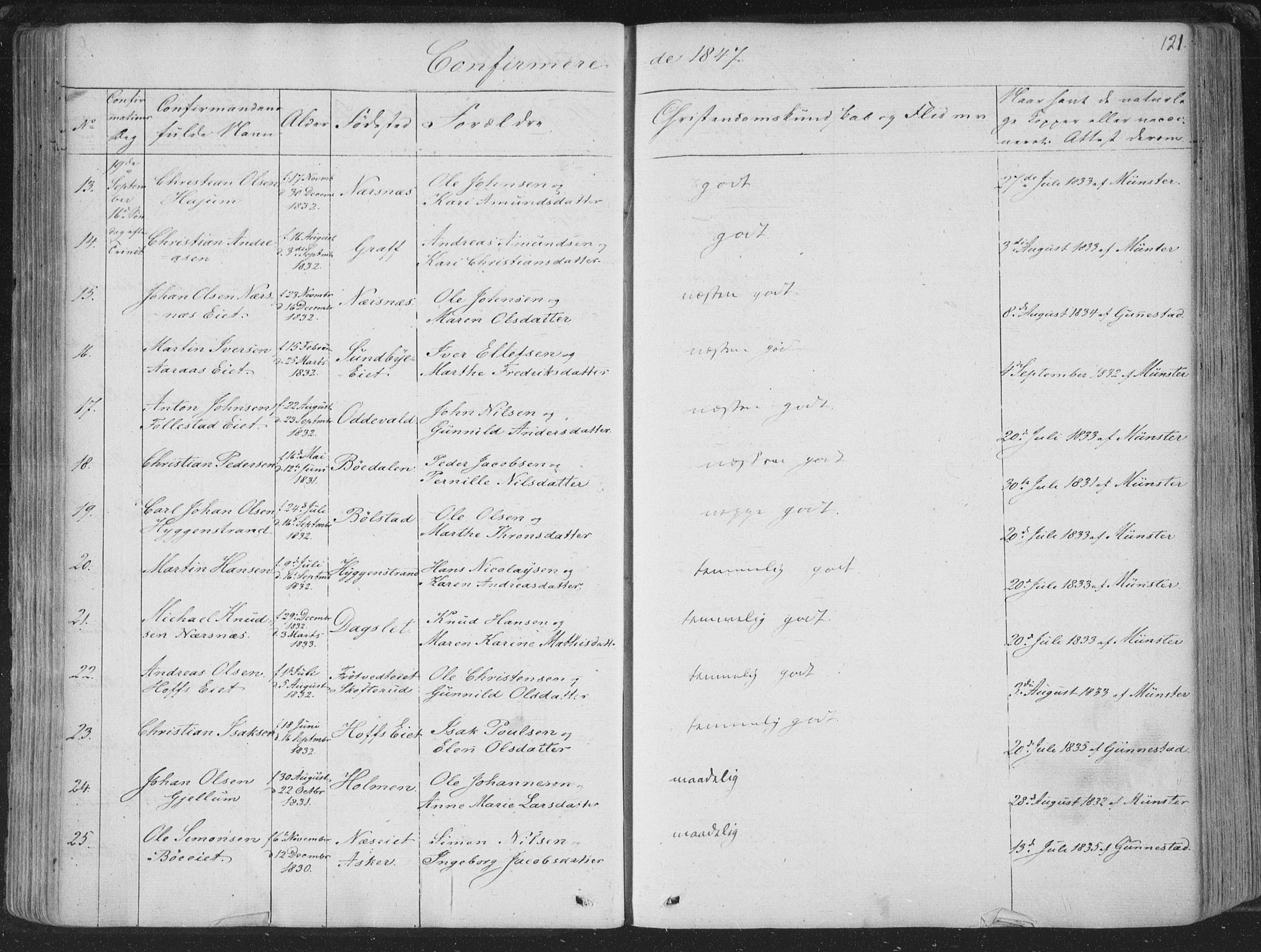 Røyken kirkebøker, SAKO/A-241/F/Fa/L0005: Parish register (official) no. 5, 1833-1856, p. 121