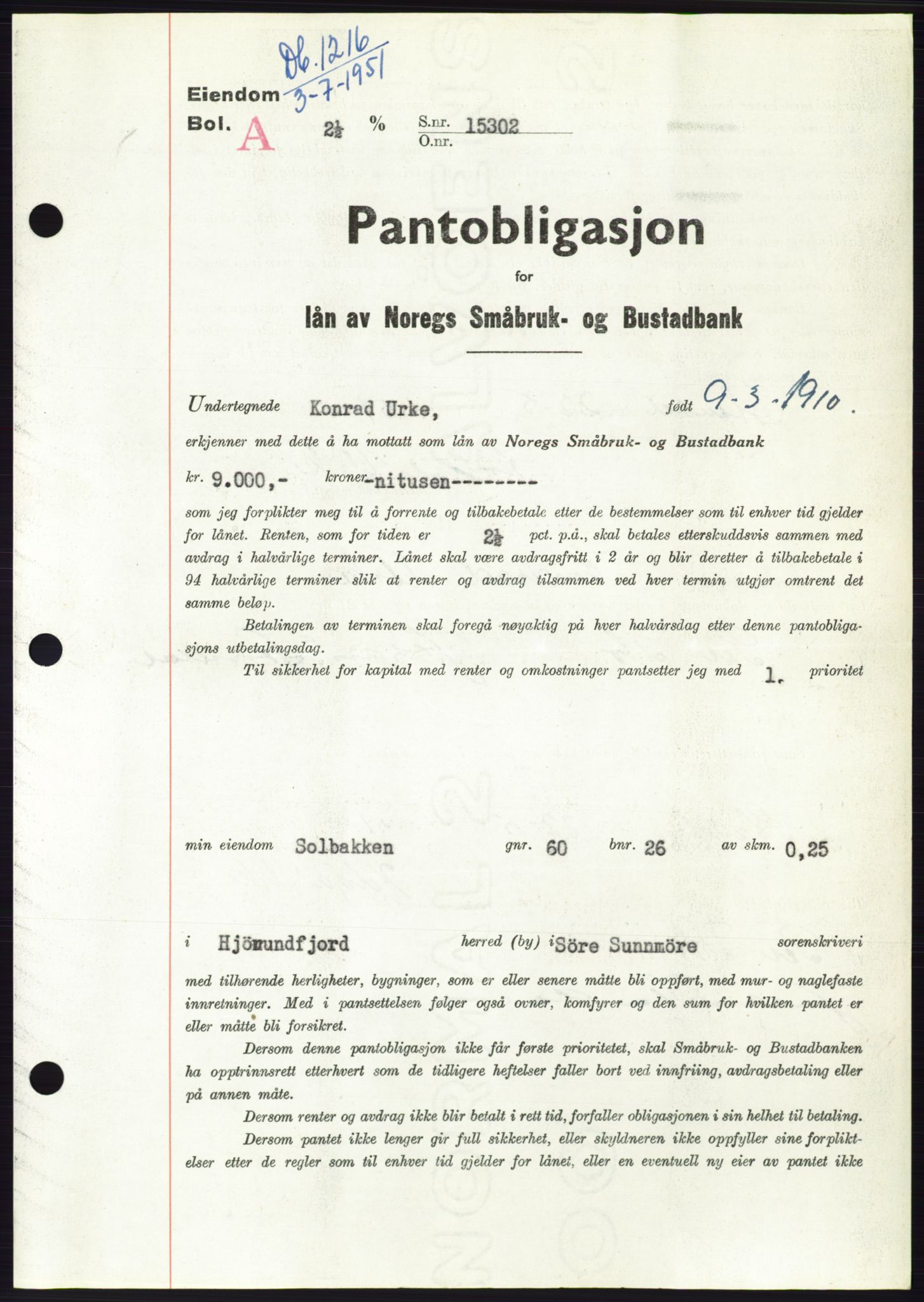 Søre Sunnmøre sorenskriveri, AV/SAT-A-4122/1/2/2C/L0120: Mortgage book no. 8B, 1951-1951, Diary no: : 1216/1951