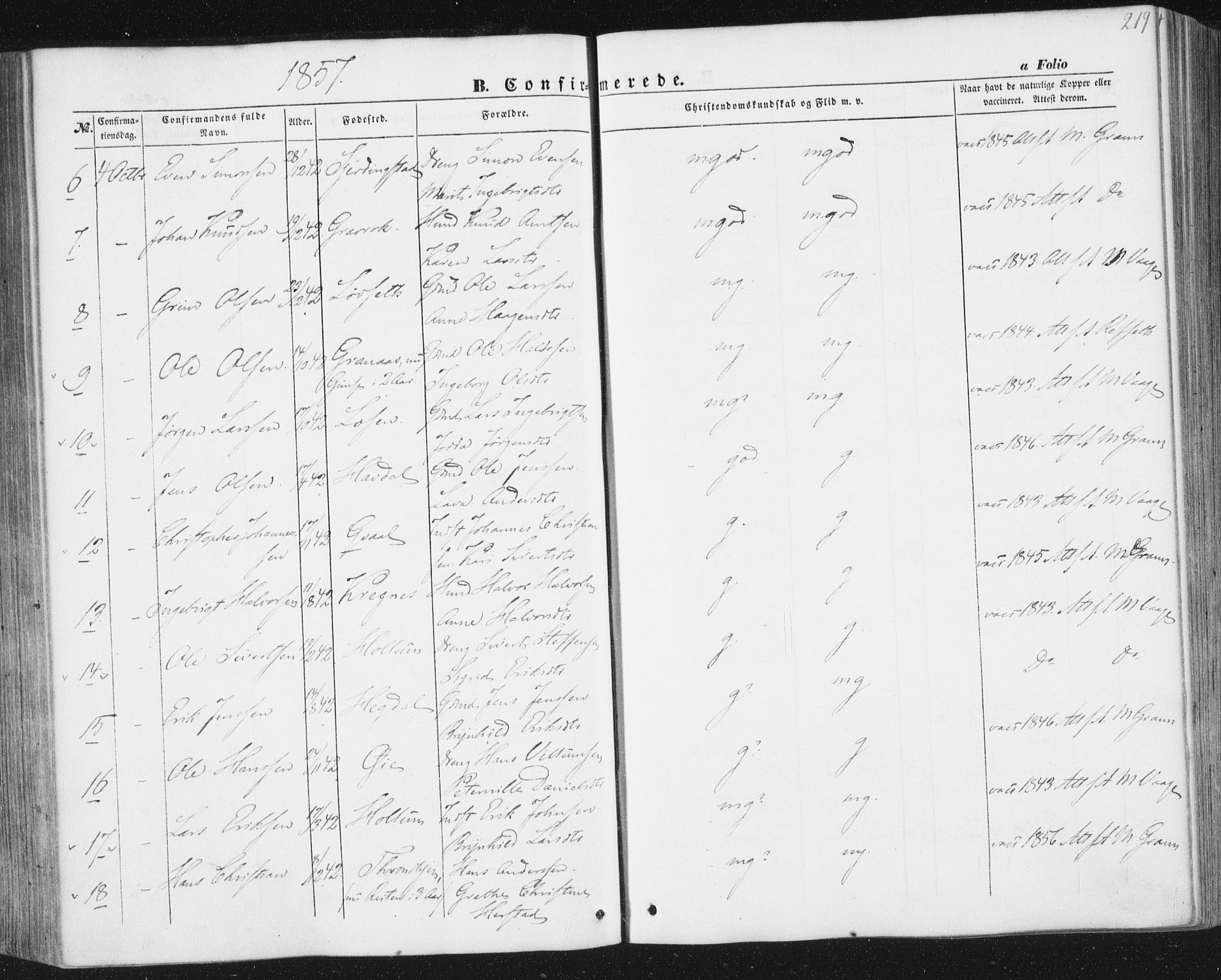 Ministerialprotokoller, klokkerbøker og fødselsregistre - Sør-Trøndelag, SAT/A-1456/691/L1076: Parish register (official) no. 691A08, 1852-1861, p. 219