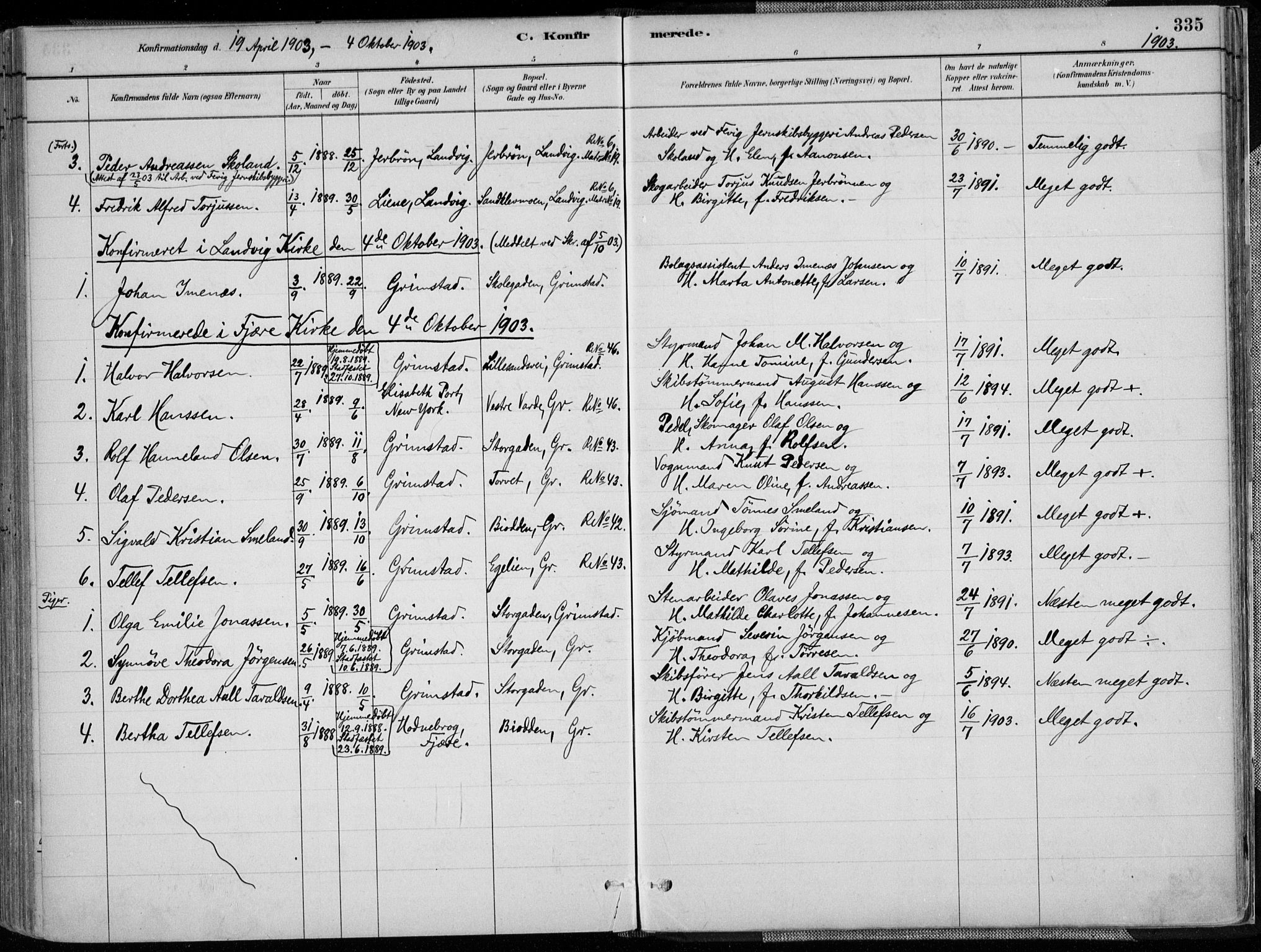 Grimstad sokneprestkontor, AV/SAK-1111-0017/F/Fa/L0003: Parish register (official) no. A 2, 1882-1912, p. 335