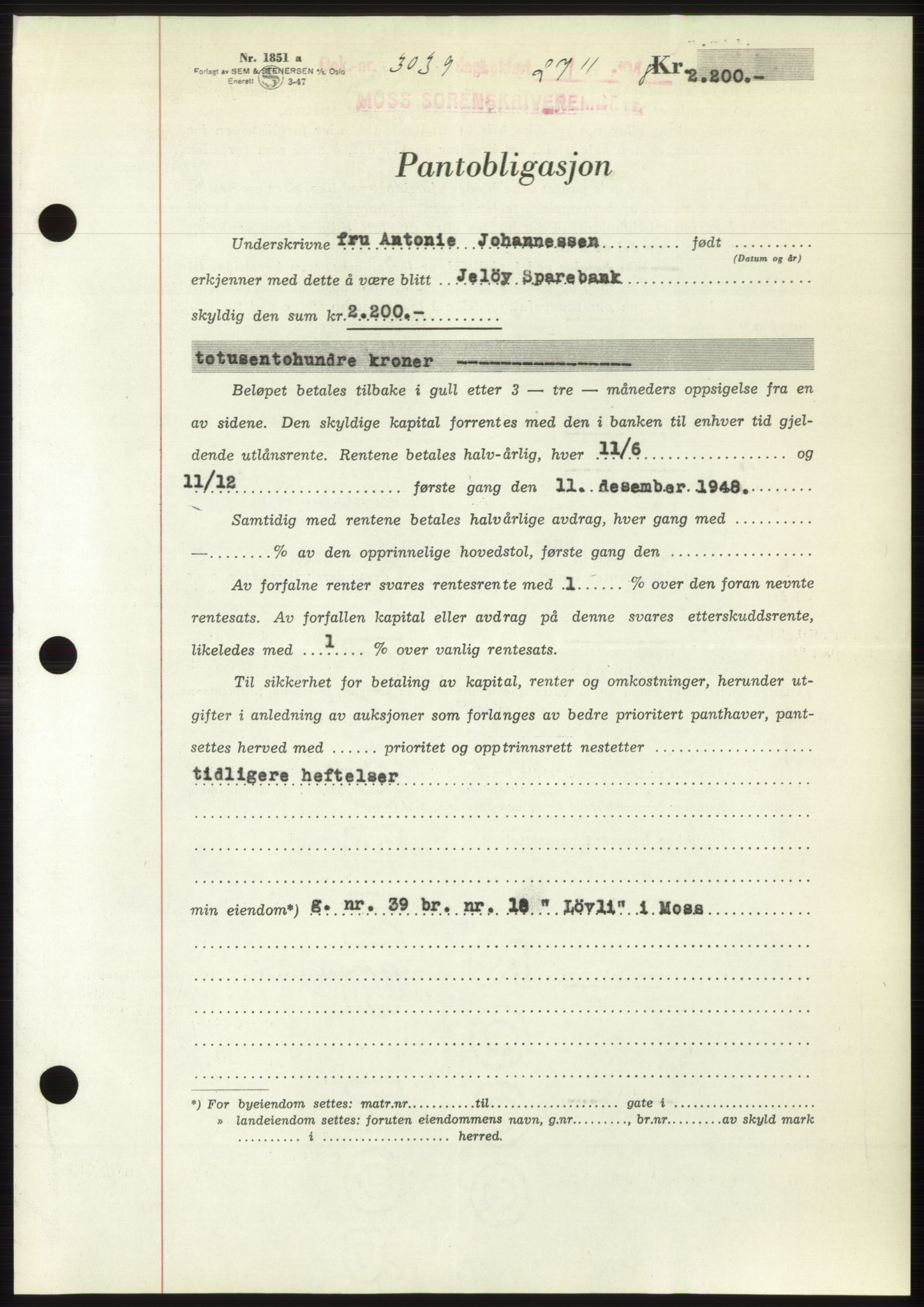 Moss sorenskriveri, AV/SAO-A-10168: Mortgage book no. B20, 1948-1948, Diary no: : 3039/1948