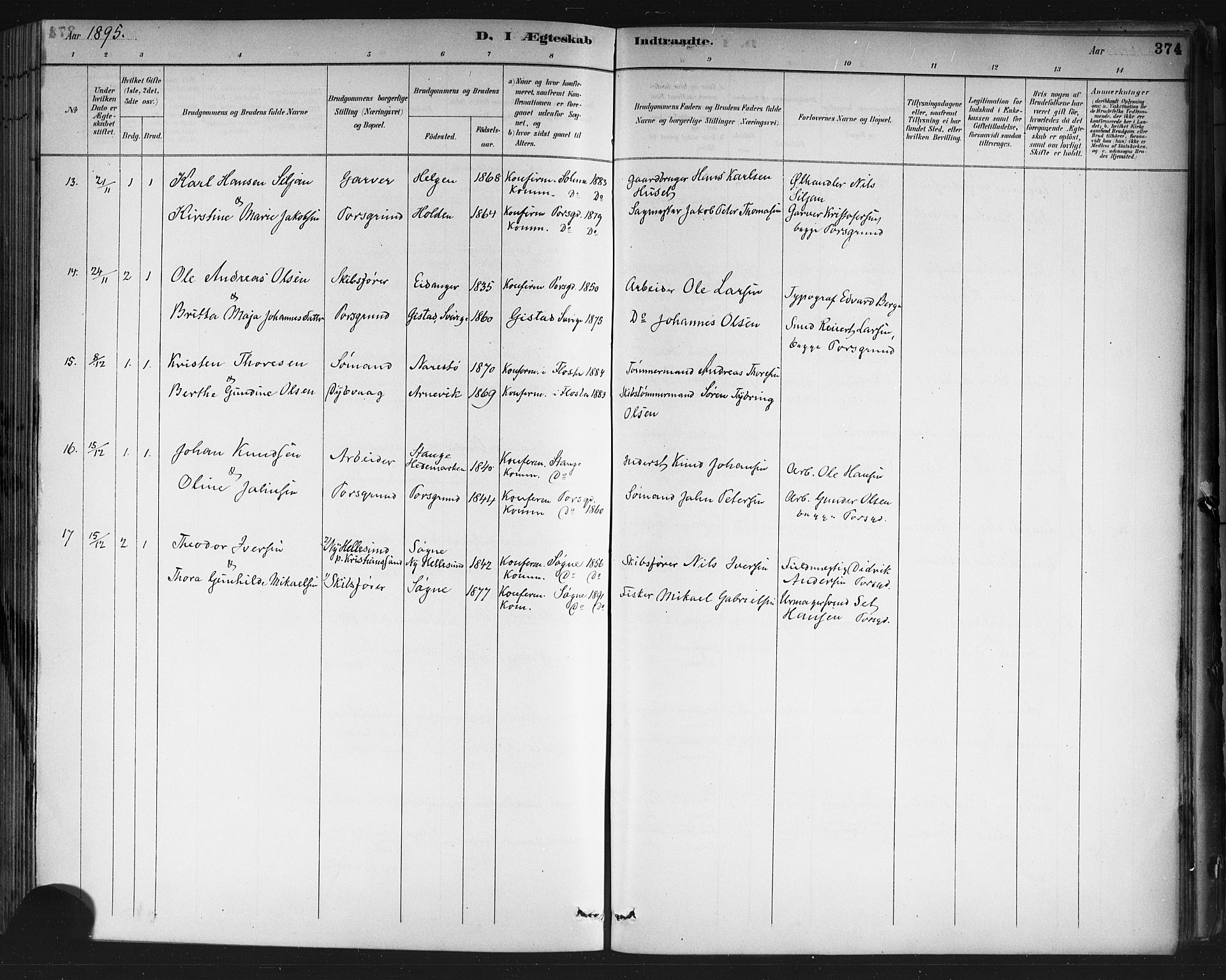 Porsgrunn kirkebøker , SAKO/A-104/G/Gb/L0005: Parish register (copy) no. II 5, 1883-1915, p. 374