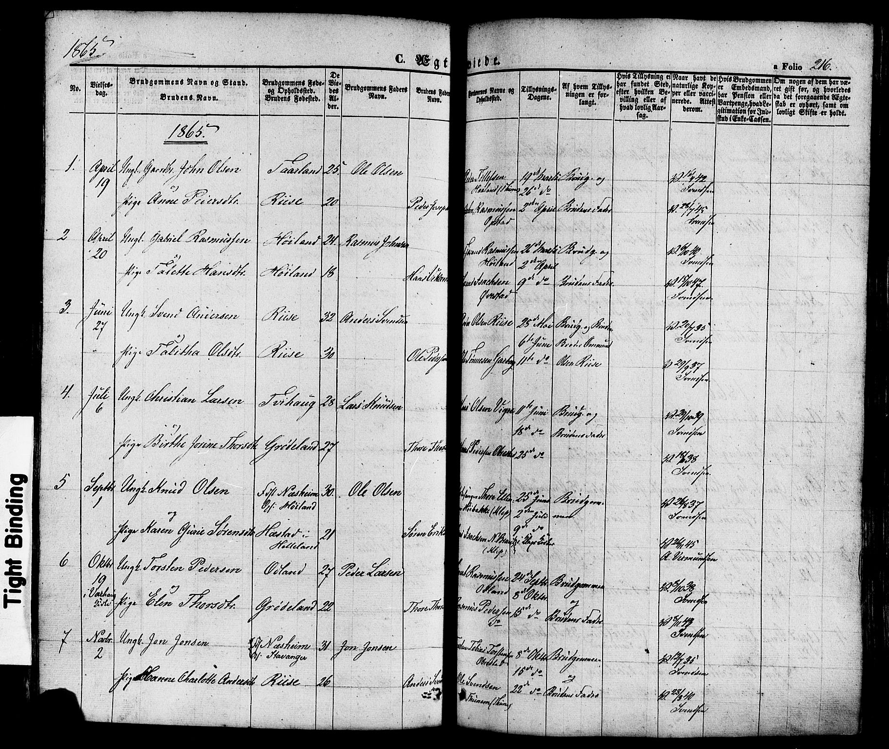 Hå sokneprestkontor, SAST/A-101801/001/30BA/L0008: Parish register (official) no. A 7, 1853-1878, p. 216