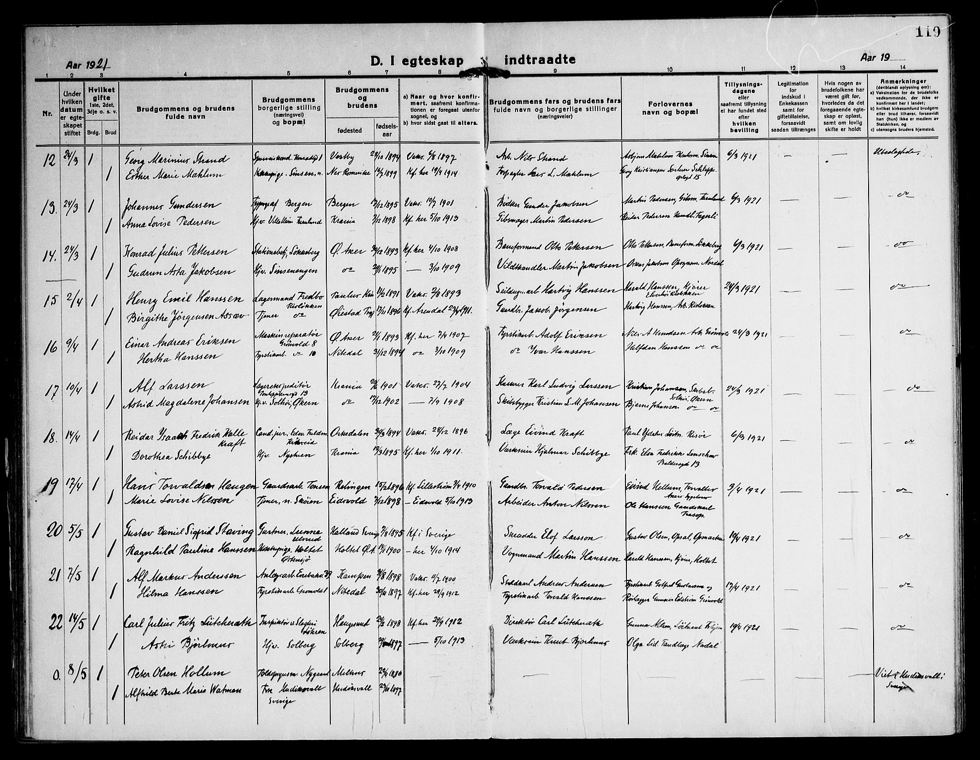 Østre Aker prestekontor Kirkebøker, AV/SAO-A-10840/F/Fa/L0013: Parish register (official) no. I 13, 1918-1929, p. 119