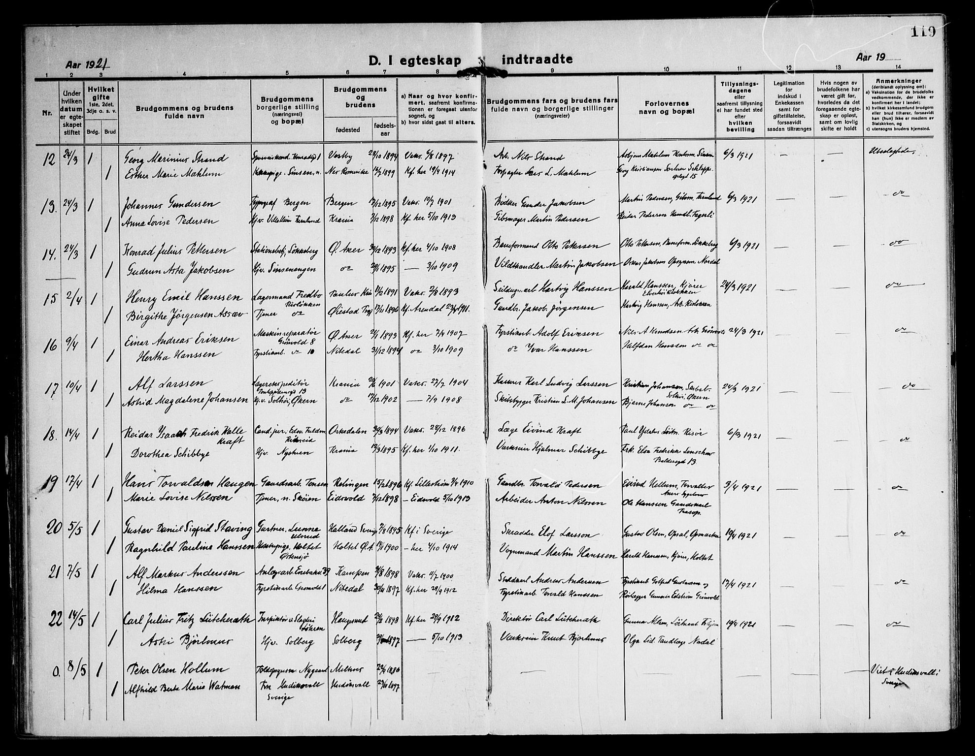 Østre Aker prestekontor Kirkebøker, SAO/A-10840/F/Fa/L0013: Parish register (official) no. I 13, 1918-1929, p. 119