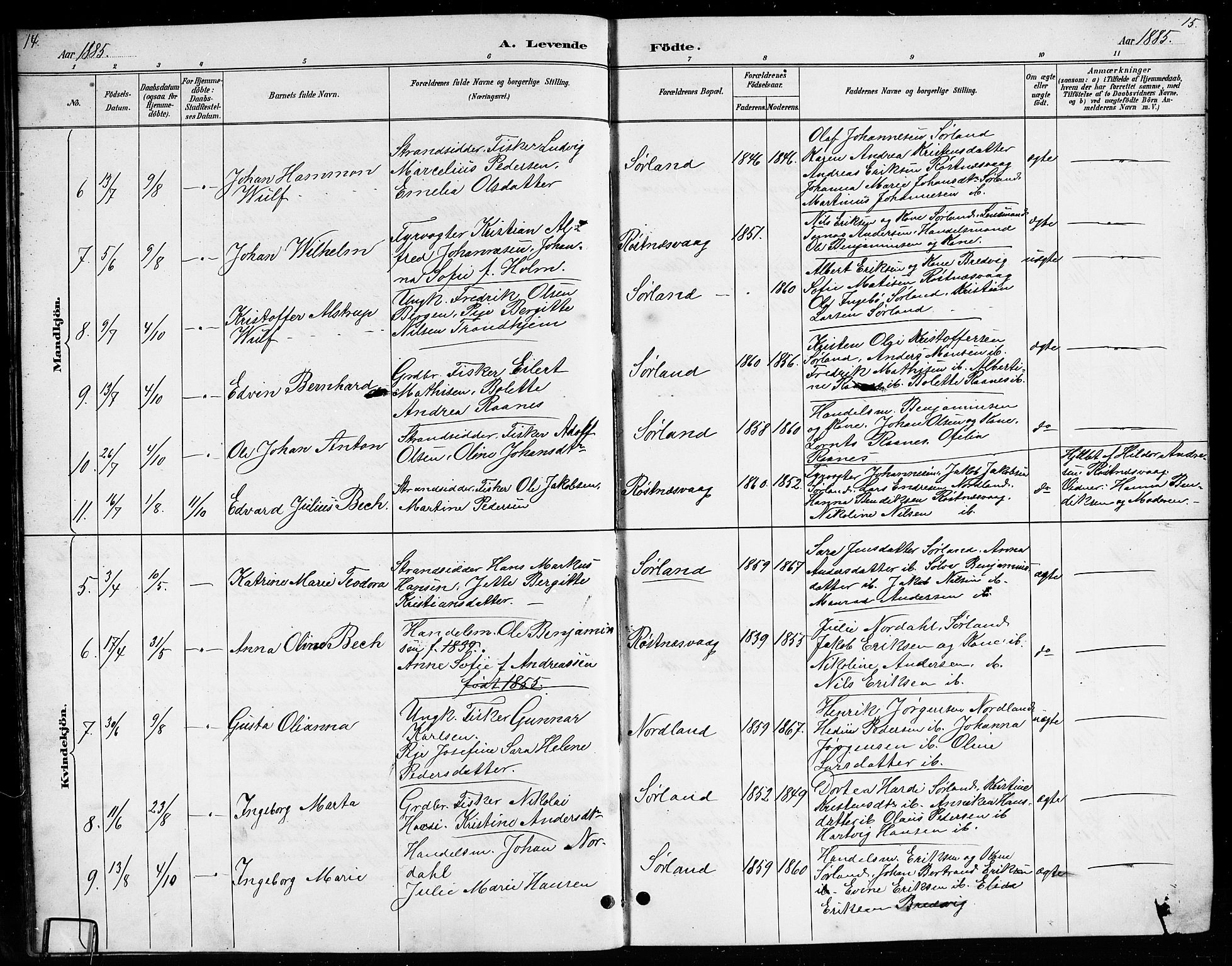 Ministerialprotokoller, klokkerbøker og fødselsregistre - Nordland, AV/SAT-A-1459/807/L0123: Parish register (copy) no. 807C01, 1884-1910, p. 14-15