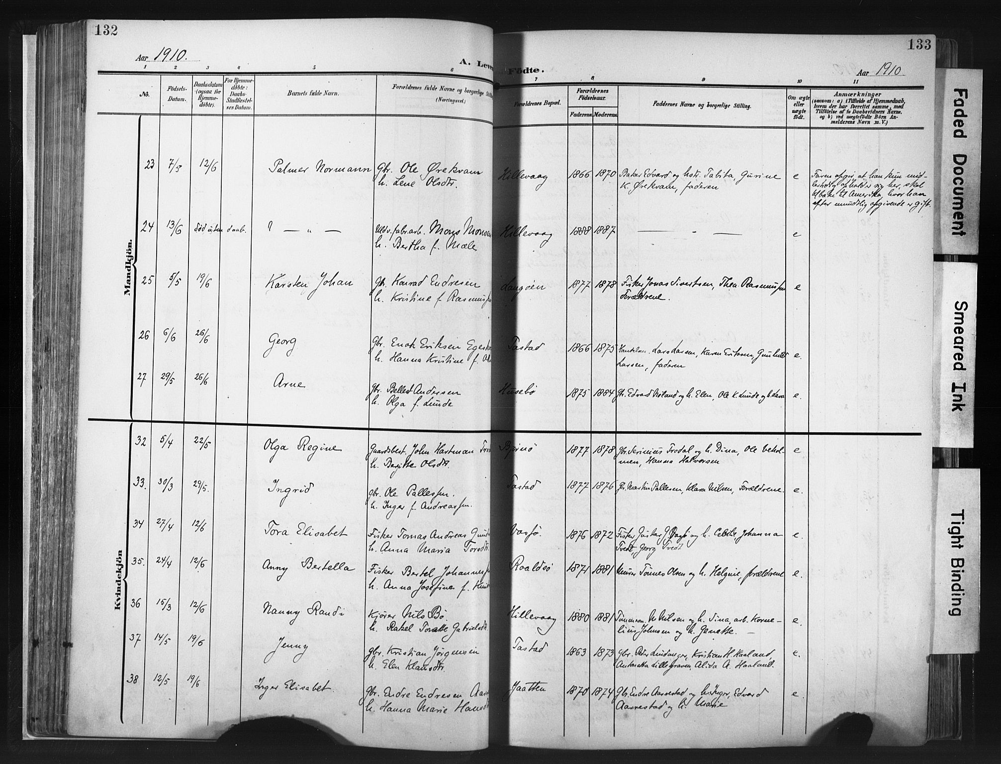 Hetland sokneprestkontor, AV/SAST-A-101826/30/30BA/L0013: Parish register (official) no. A 13, 1904-1918, p. 132-133