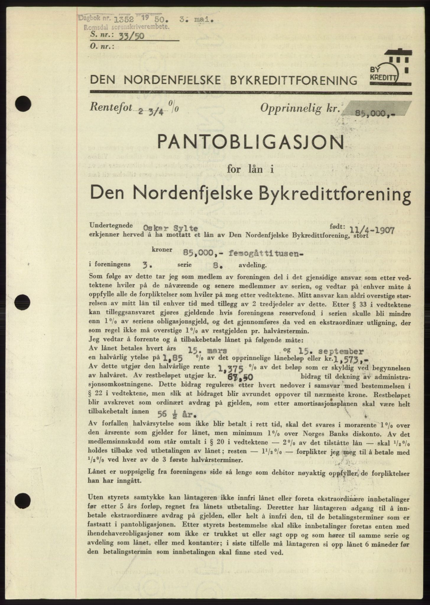 Romsdal sorenskriveri, AV/SAT-A-4149/1/2/2C: Mortgage book no. B5, 1949-1950, Diary no: : 1352/1950