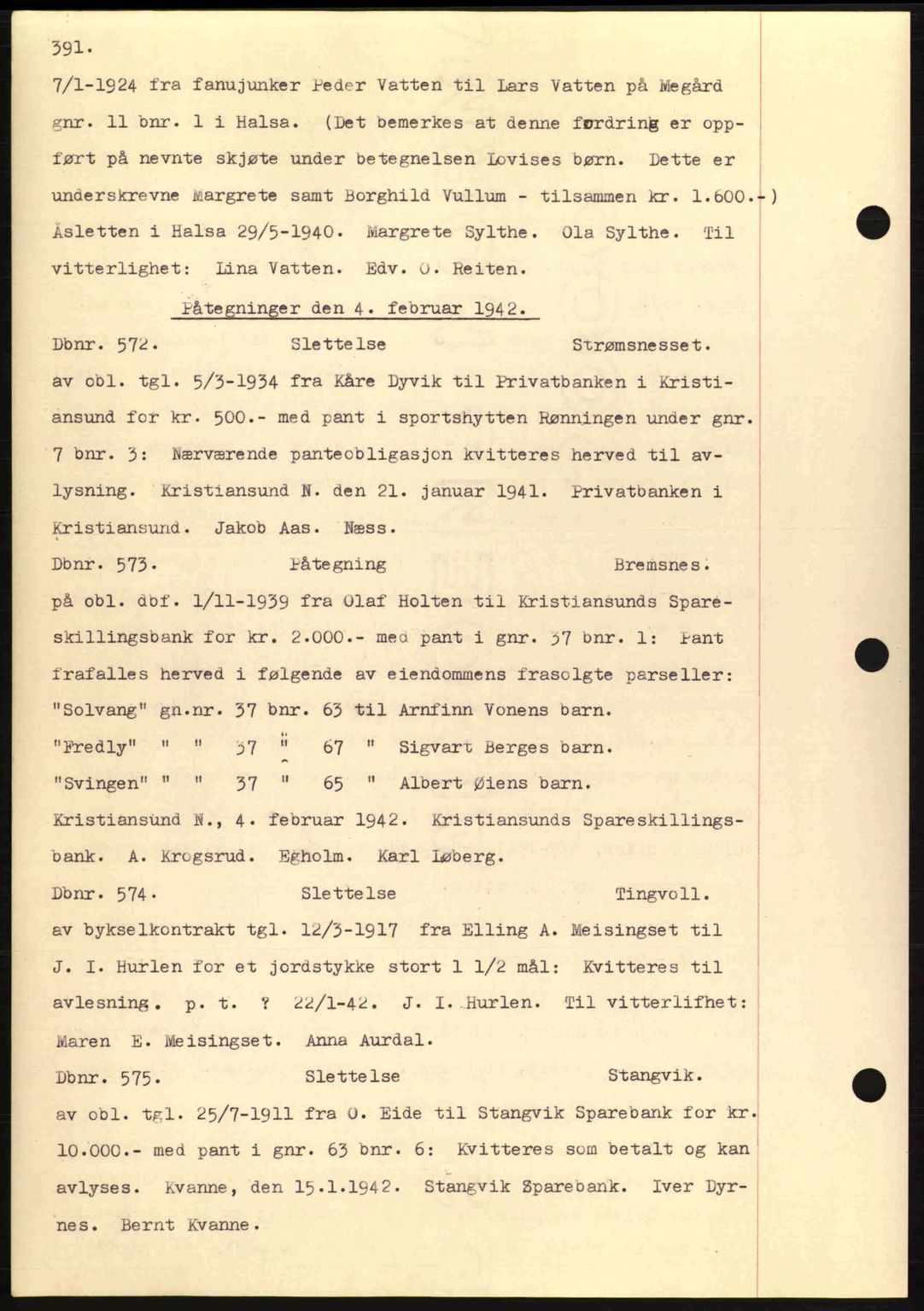 Nordmøre sorenskriveri, AV/SAT-A-4132/1/2/2Ca: Mortgage book no. C81, 1940-1945, Diary no: : 572/1942