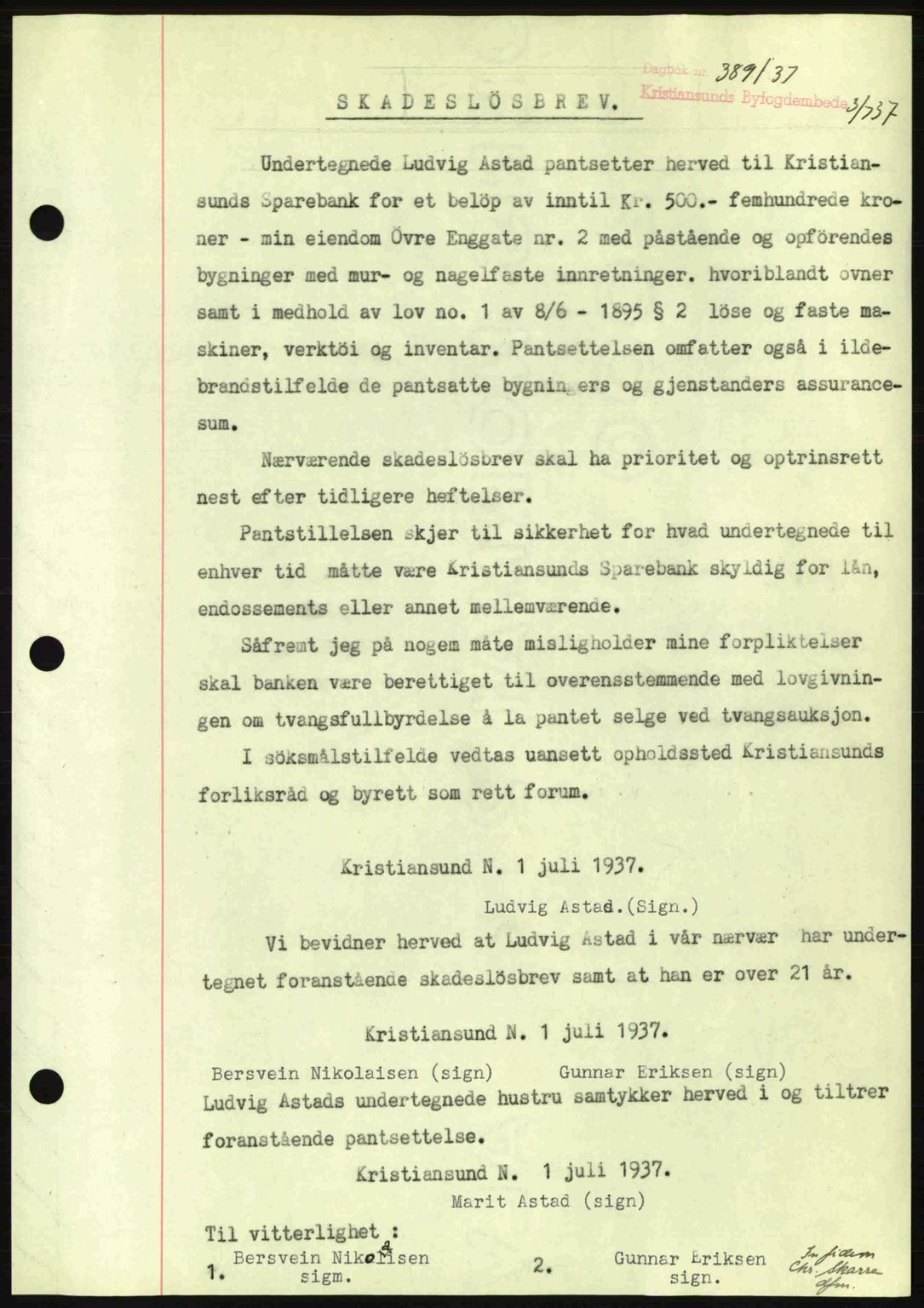 Kristiansund byfogd, AV/SAT-A-4587/A/27: Mortgage book no. 29, 1936-1937, Diary no: : 389/1937