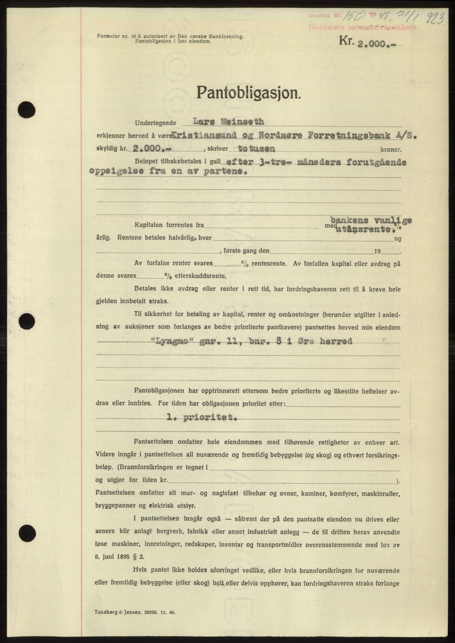 Nordmøre sorenskriveri, AV/SAT-A-4132/1/2/2Ca: Mortgage book no. B97, 1947-1948, Diary no: : 150/1948