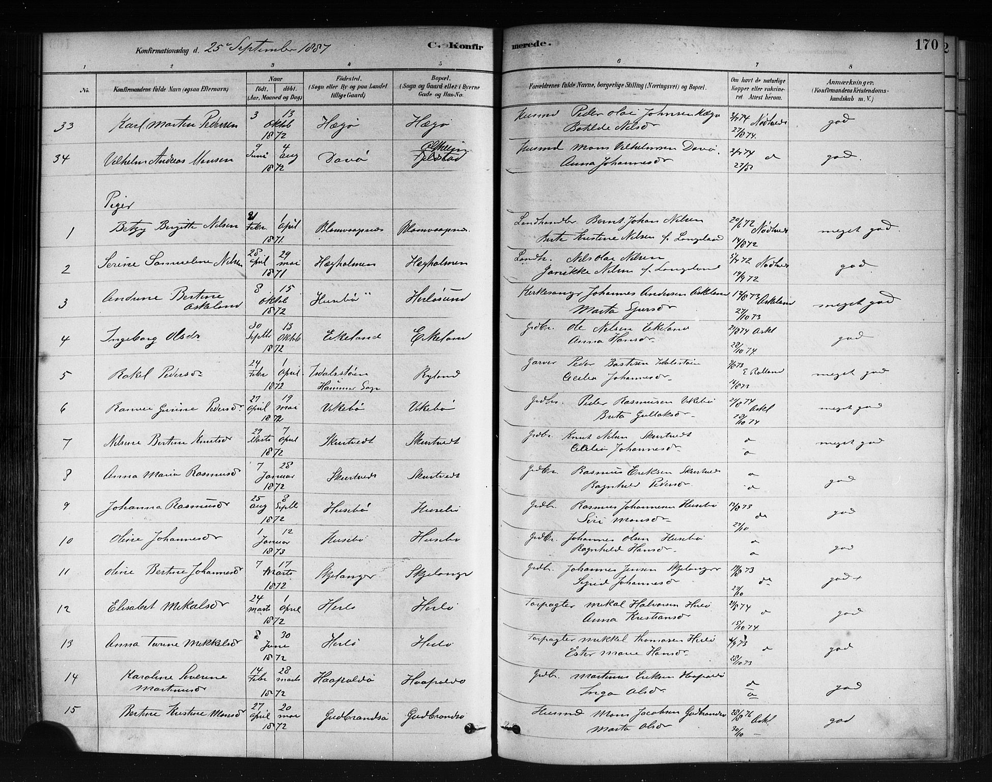 Herdla Sokneprestembete, AV/SAB-A-75701/H/Haa: Parish register (official) no. A 3, 1878-1890, p. 170