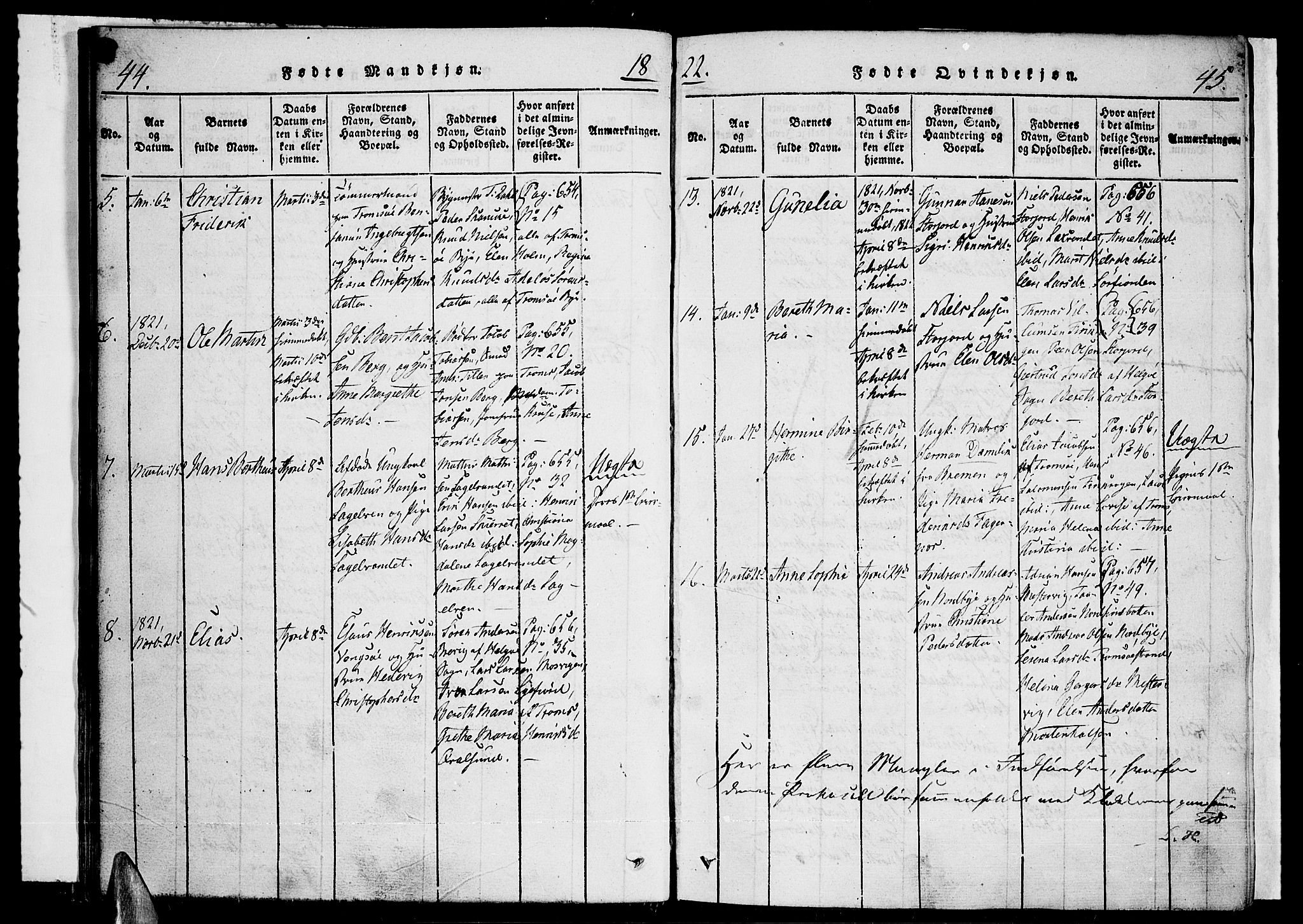 Tromsø sokneprestkontor/stiftsprosti/domprosti, SATØ/S-1343/G/Ga/L0007kirke: Parish register (official) no. 7, 1821-1828, p. 44-45