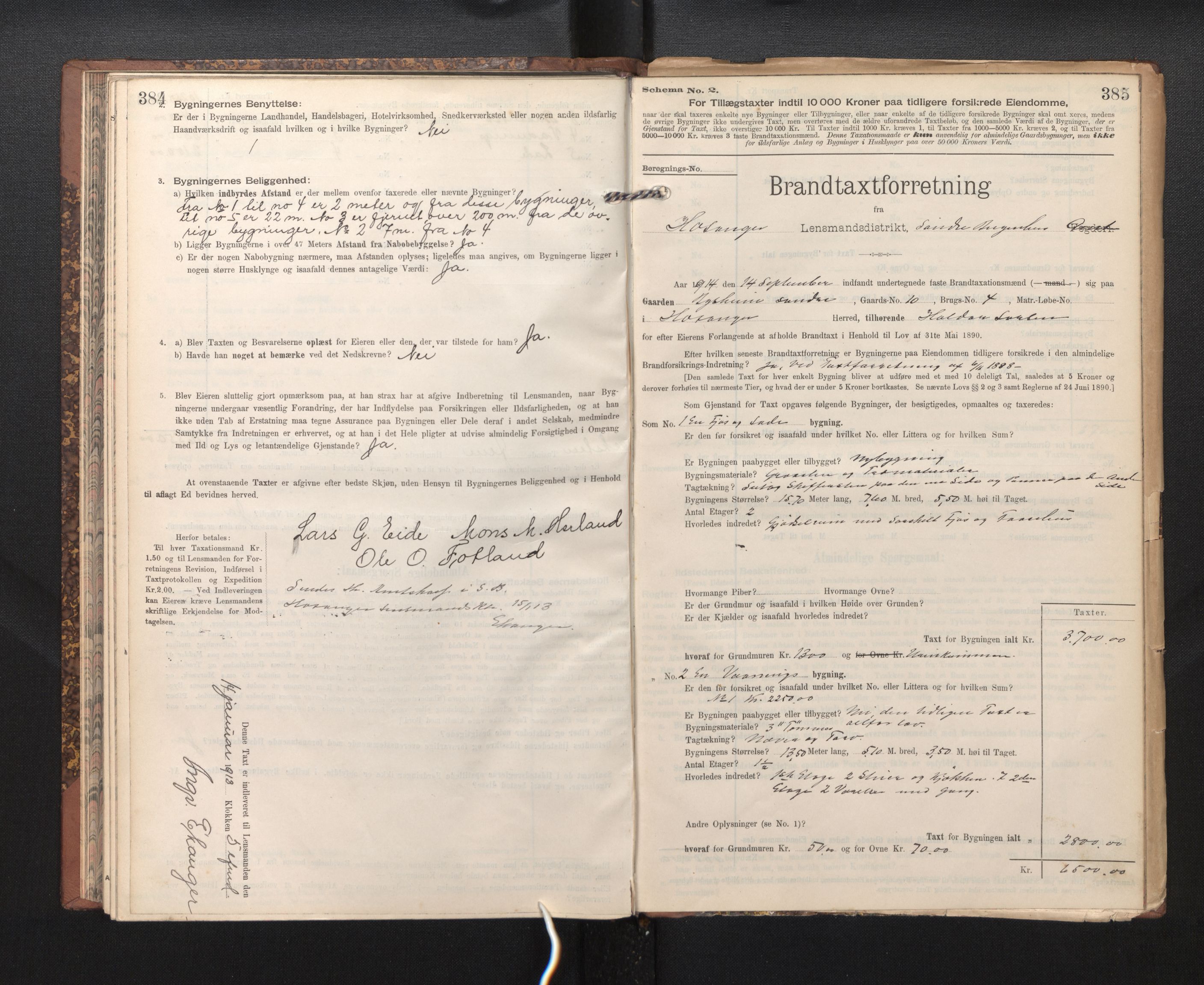 Lensmannen i Hosanger, SAB/A-33001/0012/L0005: Branntakstprotokoll, skjematakst, 1905-1916, p. 384-385