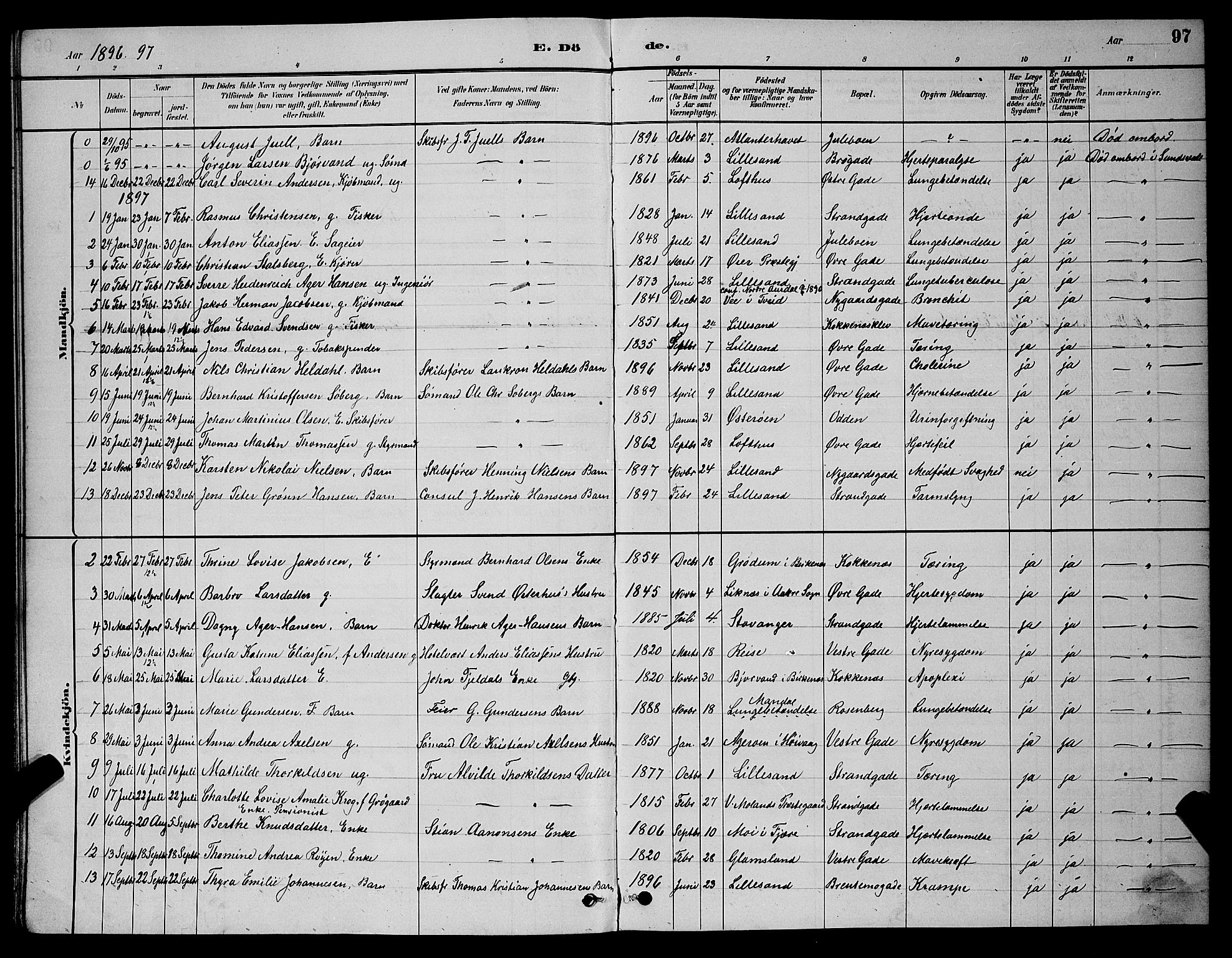 Vestre Moland sokneprestkontor, SAK/1111-0046/F/Fb/Fba/L0001: Parish register (copy) no. B 1, 1884-1903, p. 97