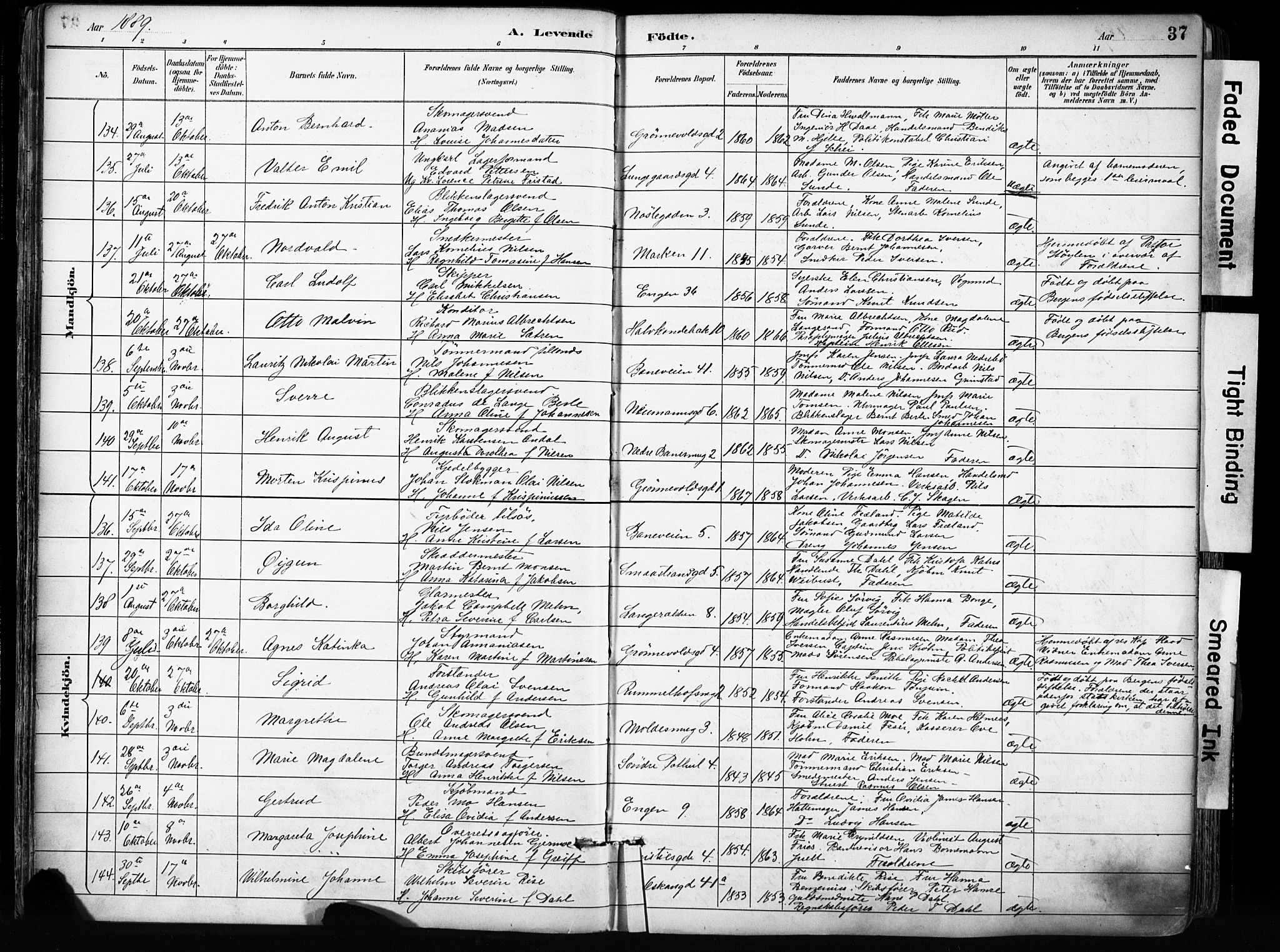 Domkirken sokneprestembete, SAB/A-74801/H/Haa/L0024: Parish register (official) no. B 7, 1888-1903, p. 37