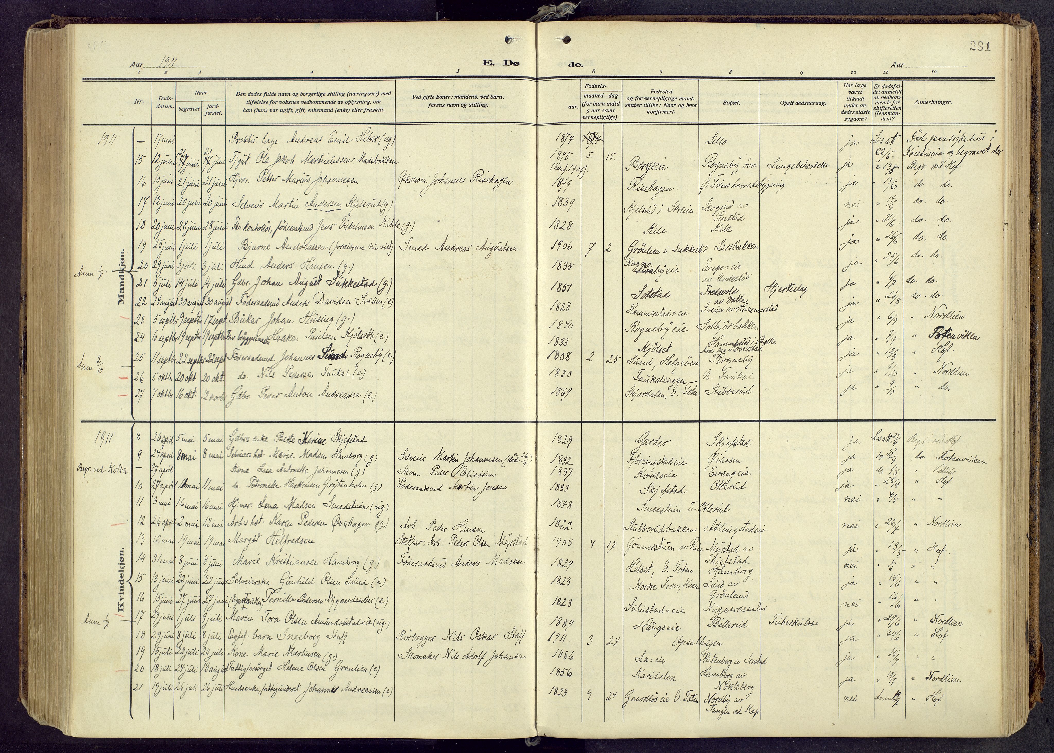 Østre Toten prestekontor, AV/SAH-PREST-104/H/Ha/Haa/L0010: Parish register (official) no. 10, 1910-1920, p. 281