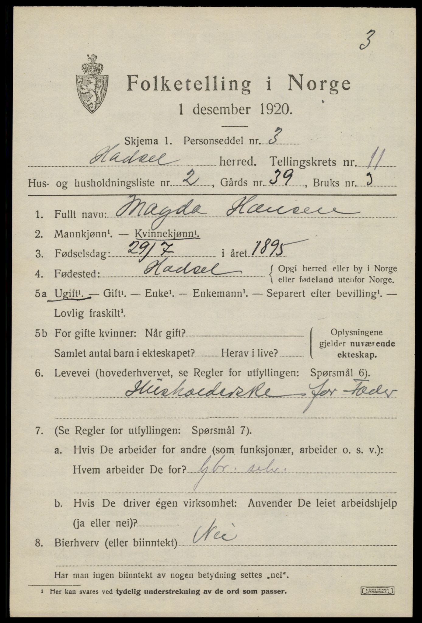 SAT, 1920 census for Hadsel, 1920, p. 8708