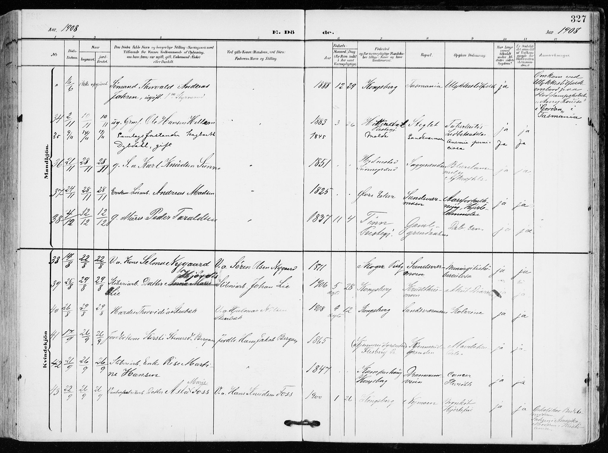 Kongsberg kirkebøker, AV/SAKO-A-22/F/Fb/L0004: Parish register (official) no. II 4, 1906-1918, p. 327