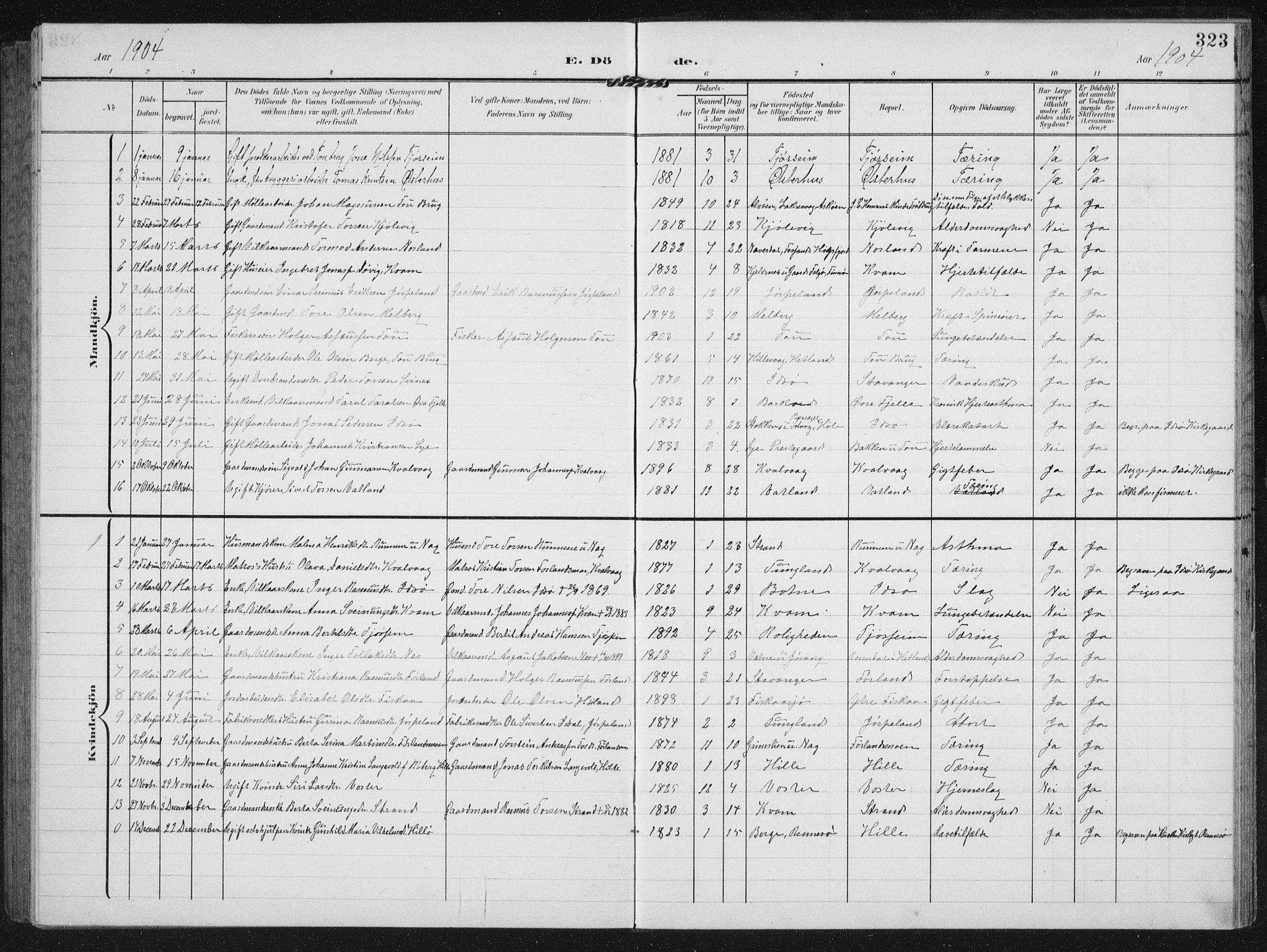 Strand sokneprestkontor, SAST/A-101828/H/Ha/Hab/L0005: Parish register (copy) no. B 5, 1904-1934, p. 323