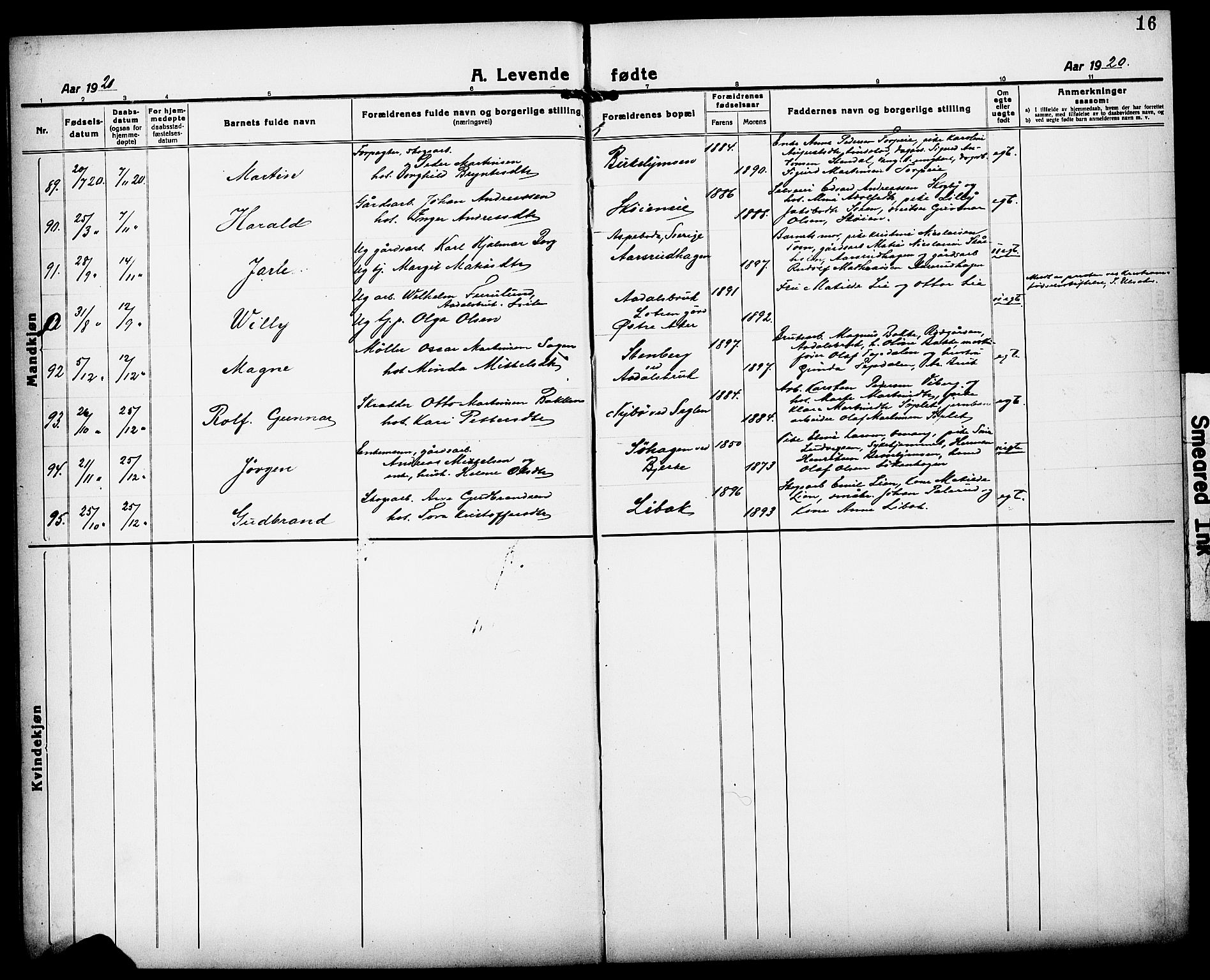 Løten prestekontor, AV/SAH-PREST-022/L/La/L0008: Parish register (copy) no. 8, 1920-1929, p. 16