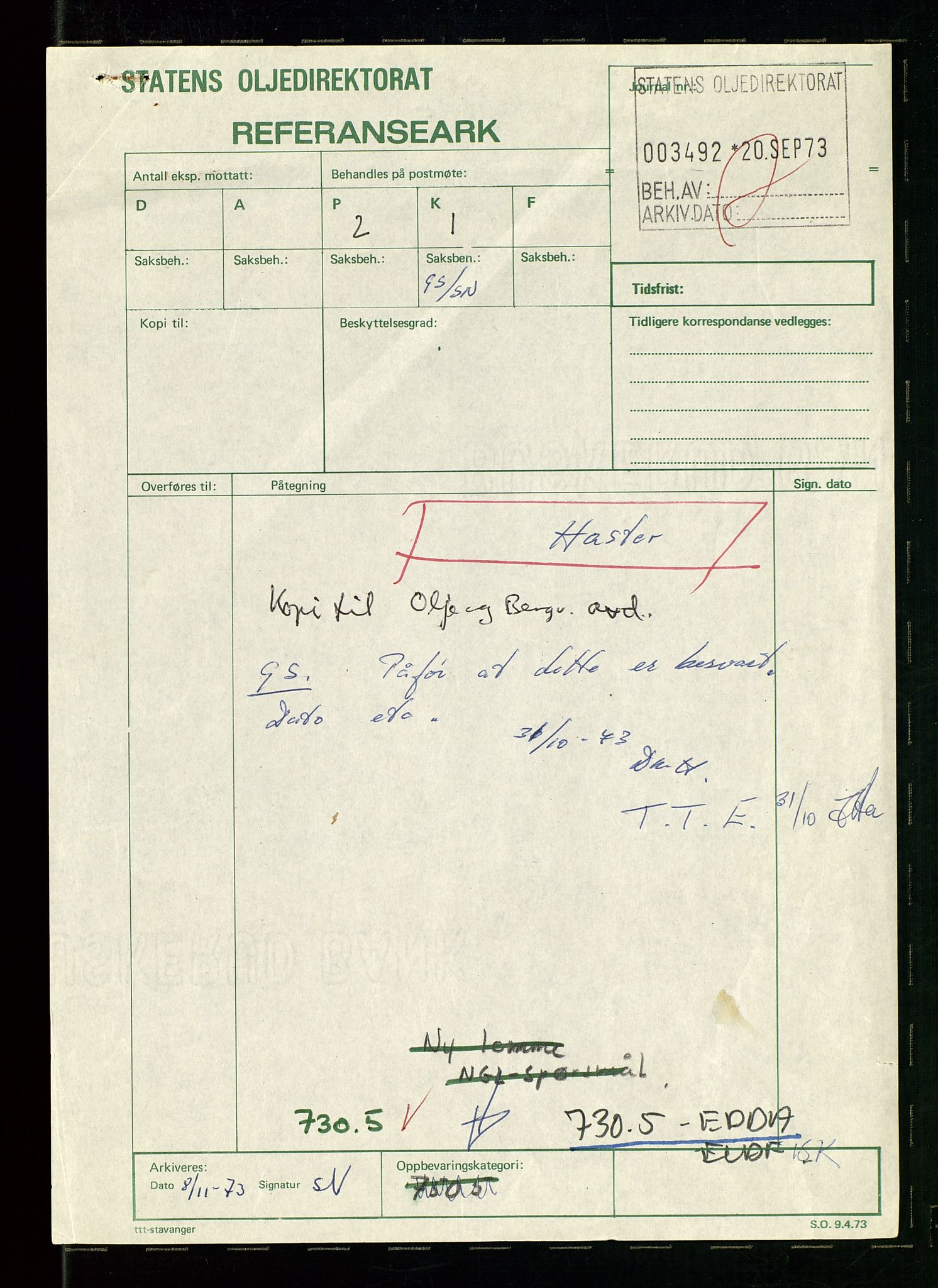 Oljedirektoratet, AV/SAST-A-101366/Da/L0033: Sakarkiv: Albuskjell - Ekofisk, 1973