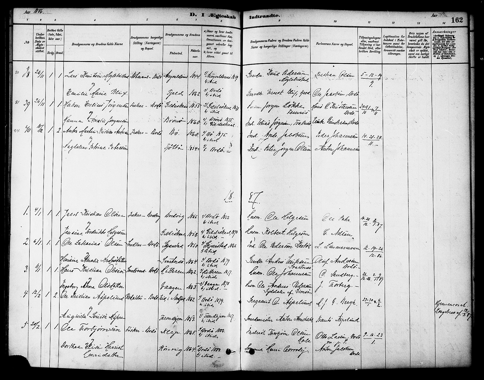 Ministerialprotokoller, klokkerbøker og fødselsregistre - Nordland, AV/SAT-A-1459/801/L0030: Parish register (copy) no. 801C05, 1879-1887, p. 162