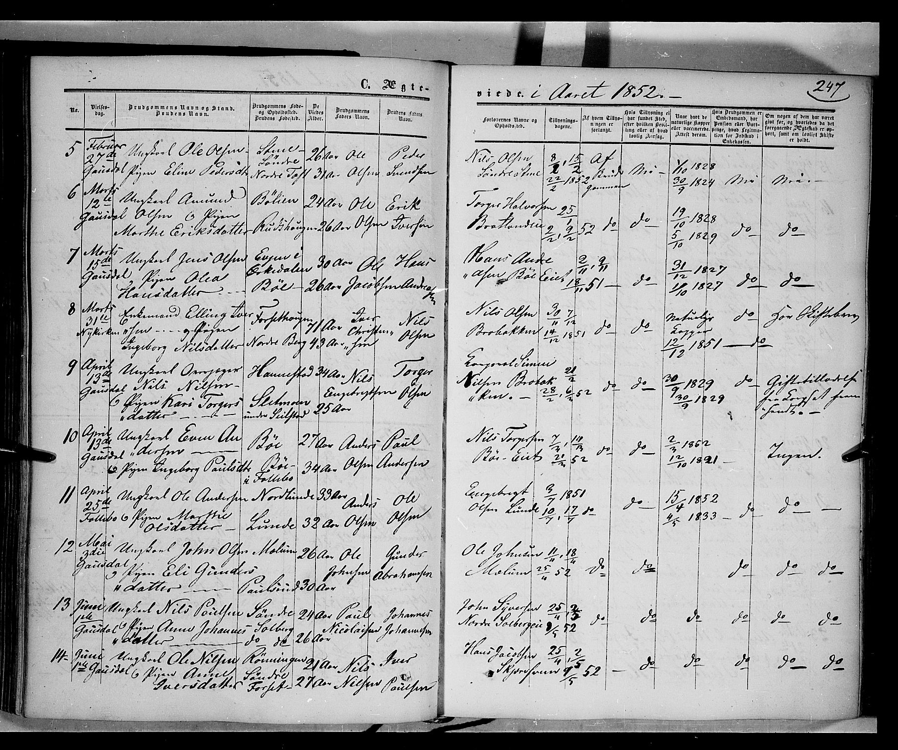 Gausdal prestekontor, SAH/PREST-090/H/Ha/Haa/L0008: Parish register (official) no. 8, 1850-1861, p. 247