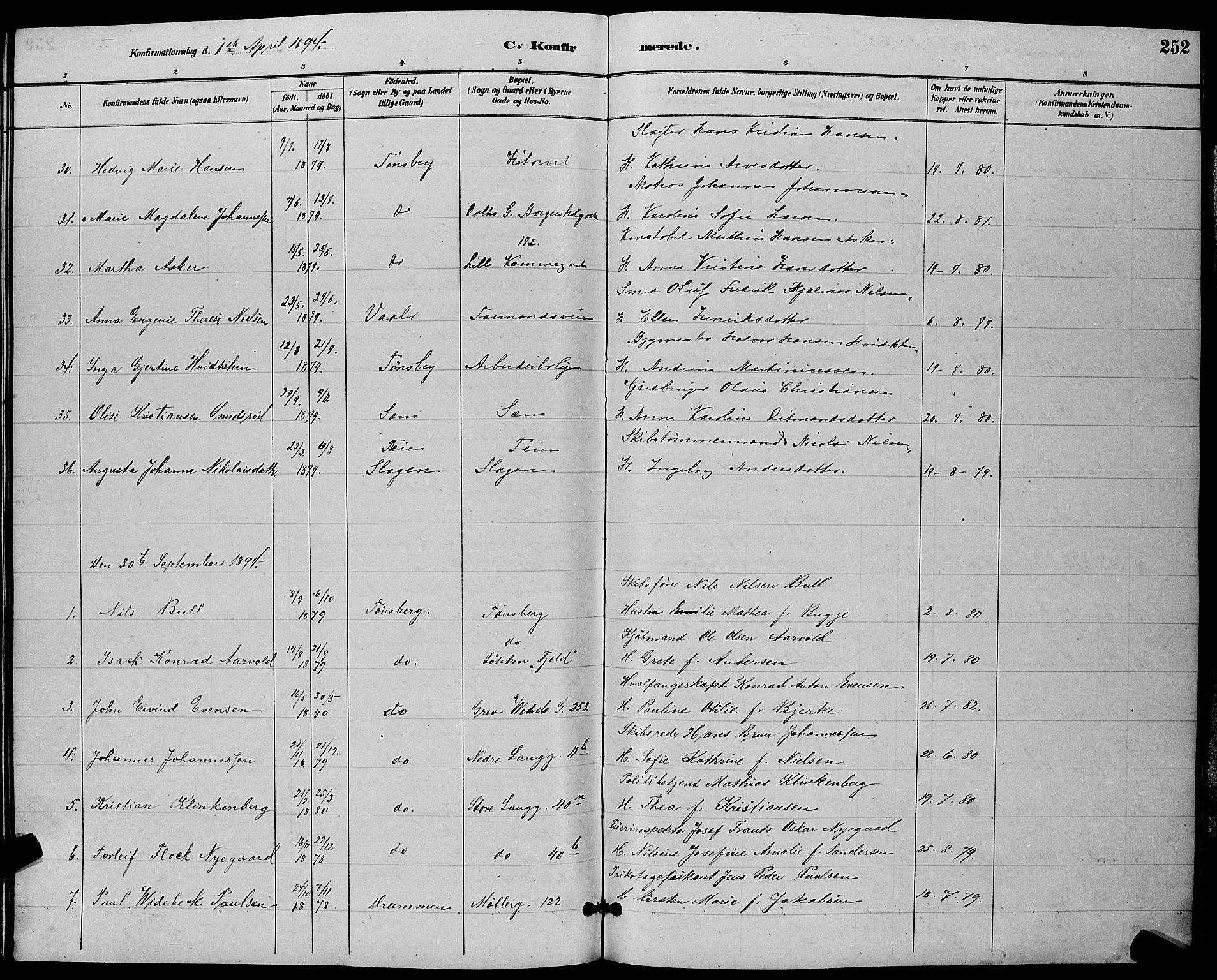 Tønsberg kirkebøker, SAKO/A-330/G/Ga/L0006: Parish register (copy) no. 6, 1885-1895, p. 252