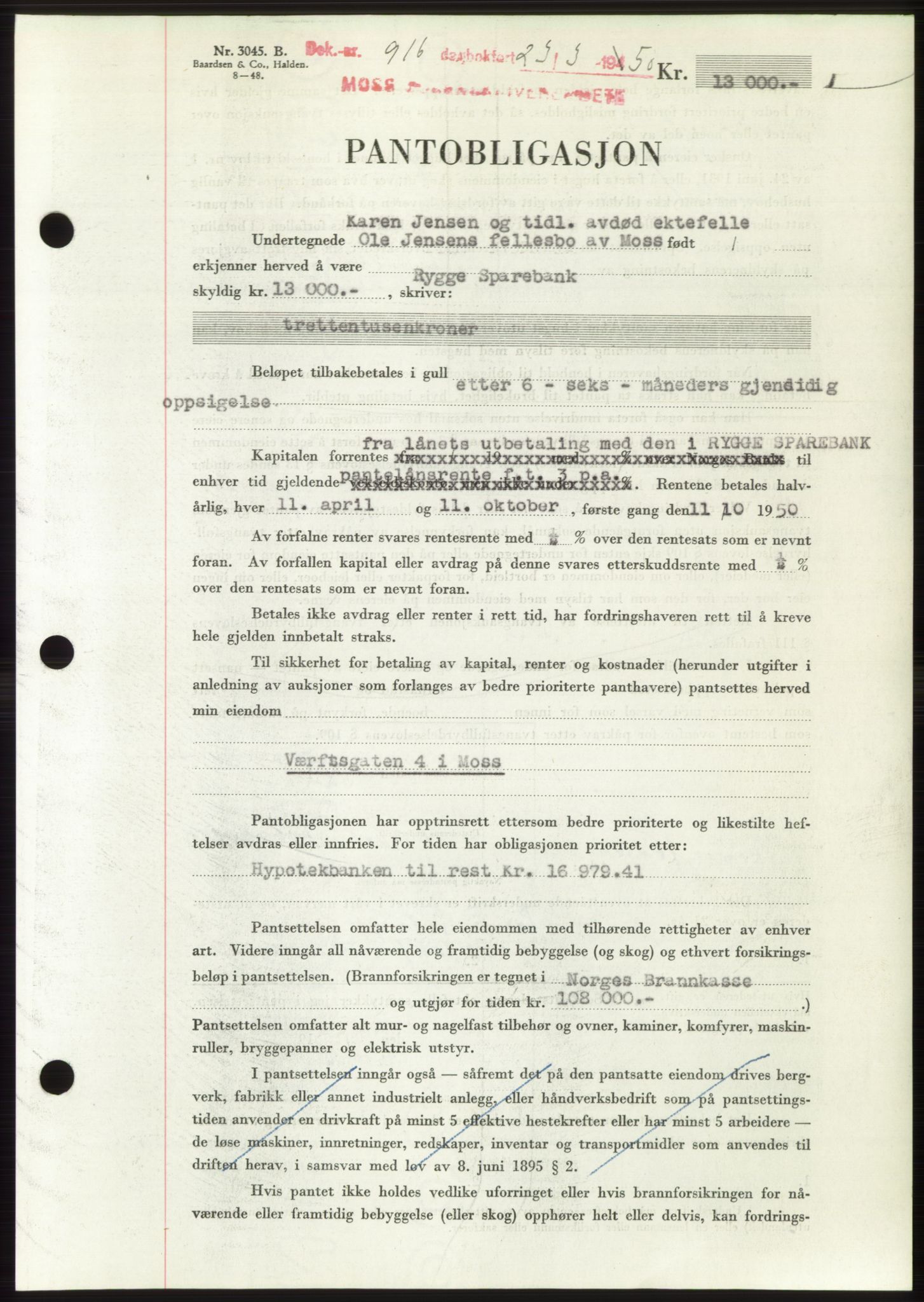 Moss sorenskriveri, AV/SAO-A-10168: Mortgage book no. B24, 1950-1950, Diary no: : 916/1950