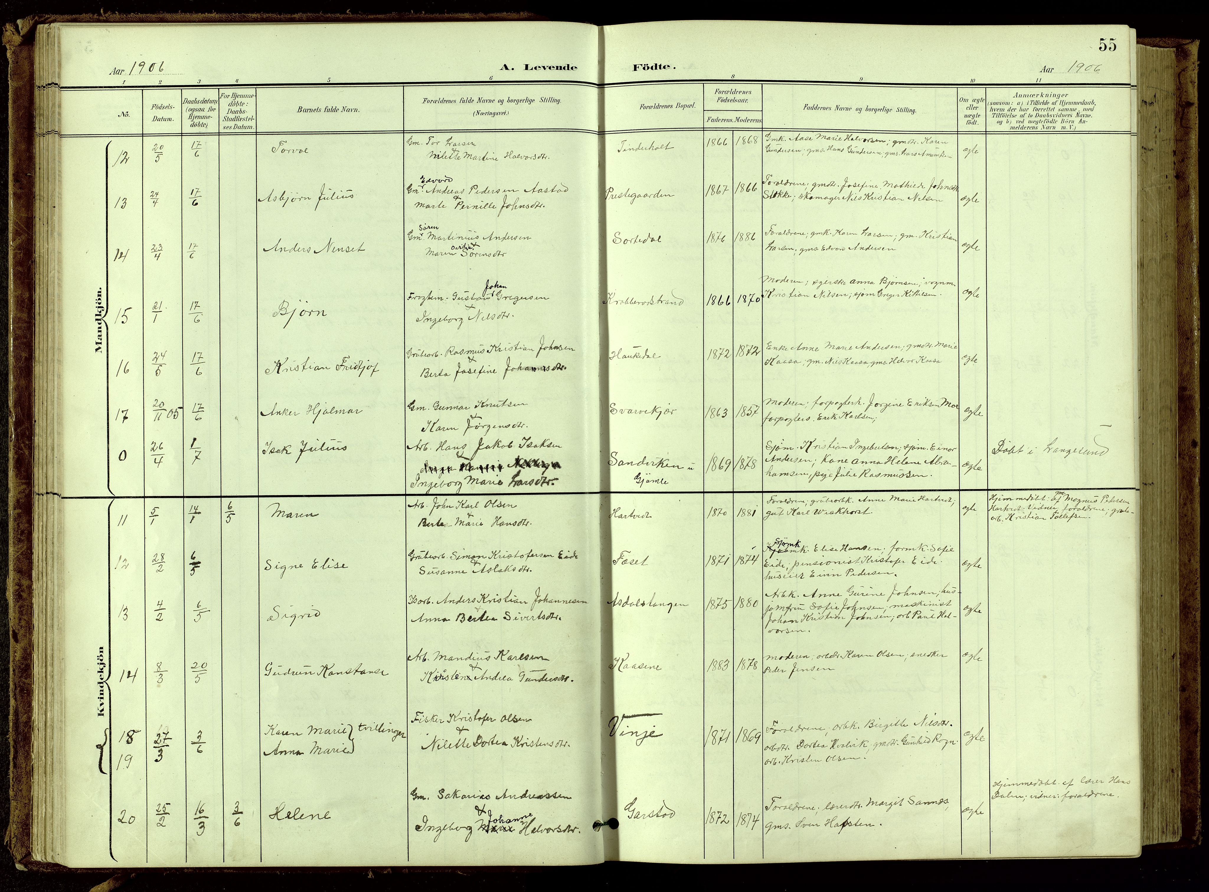 Bamble kirkebøker, SAKO/A-253/G/Ga/L0010: Parish register (copy) no. I 10, 1901-1919, p. 55