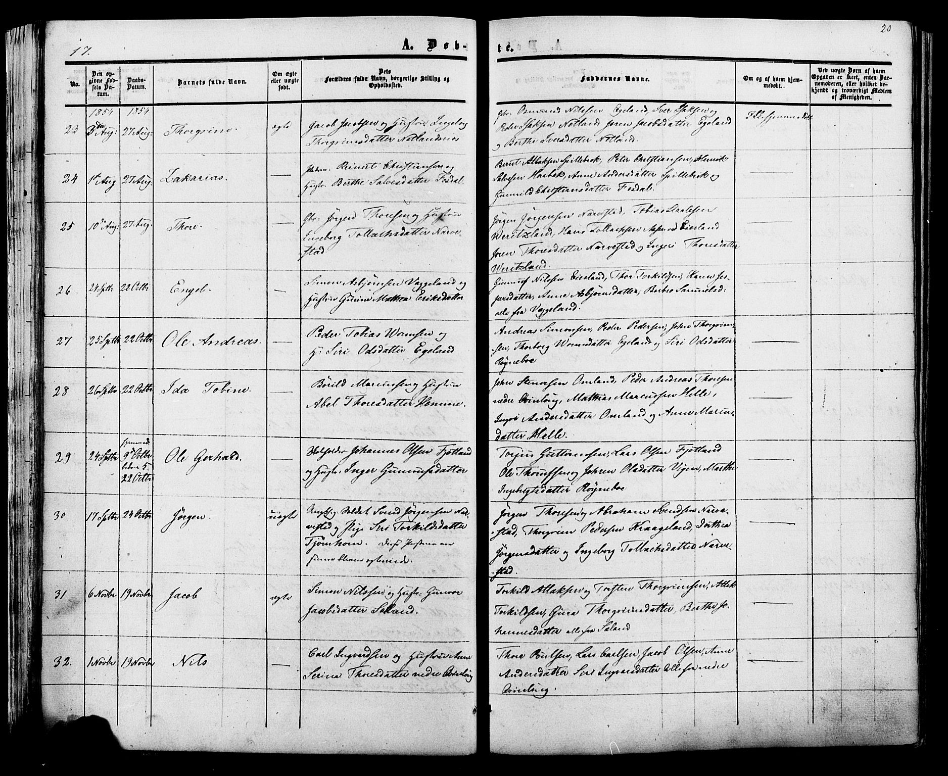 Fjotland sokneprestkontor, SAK/1111-0010/F/Fa/L0001: Parish register (official) no. A 1, 1850-1879, p. 20