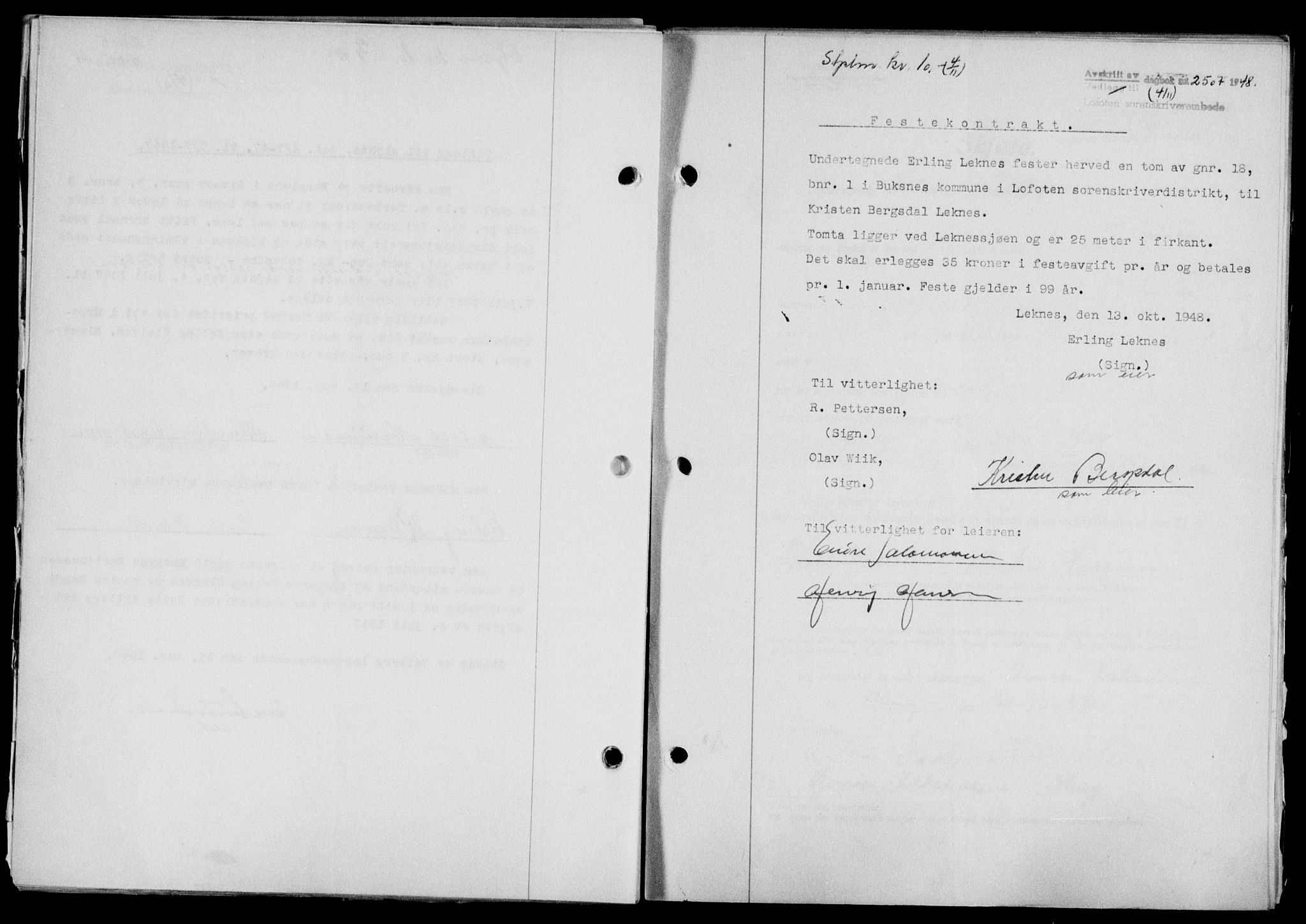Lofoten sorenskriveri, SAT/A-0017/1/2/2C/L0019a: Mortgage book no. 19a, 1948-1948, Diary no: : 2507/1948