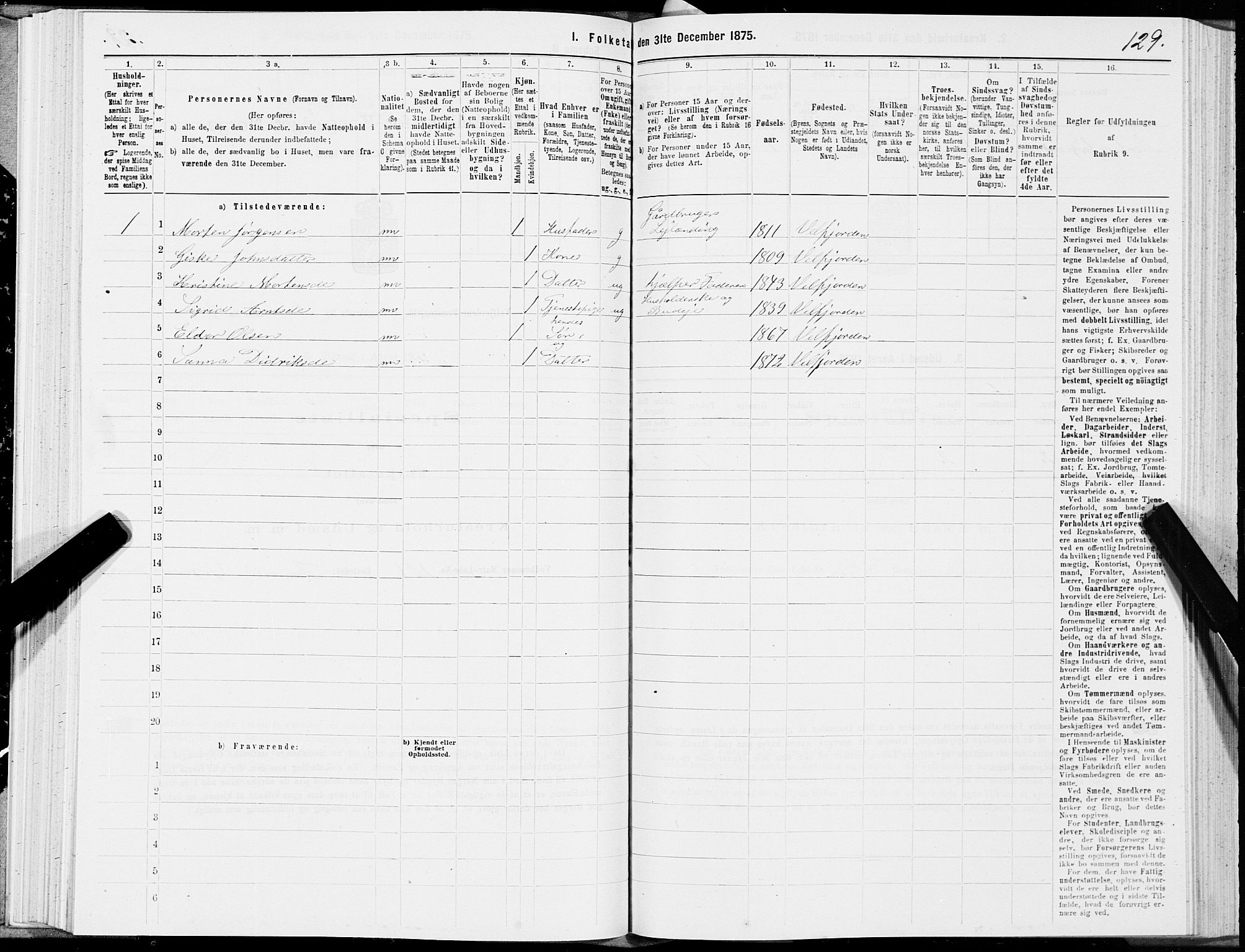 SAT, 1875 census for 1813P Velfjord, 1875, p. 1129