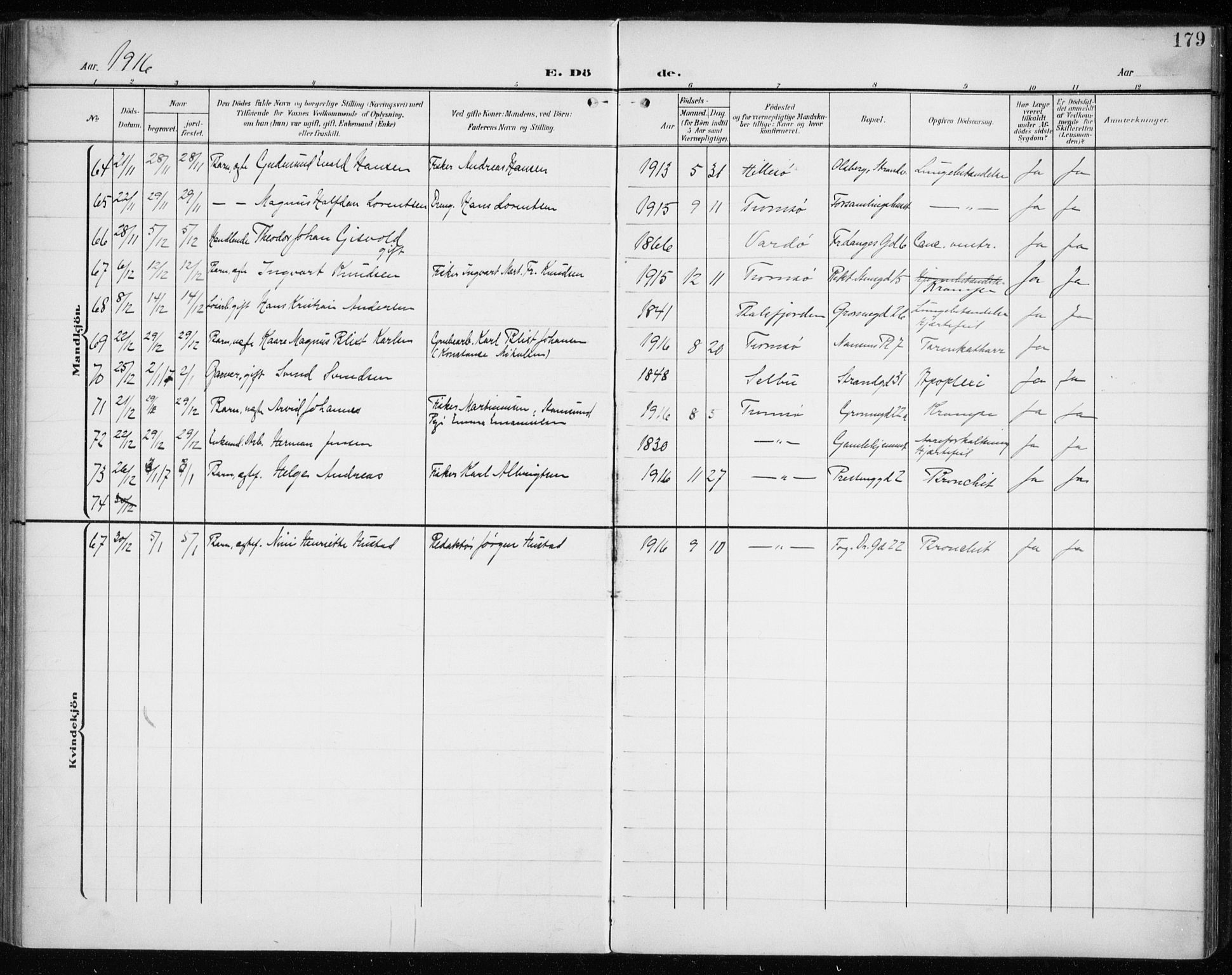 Tromsø sokneprestkontor/stiftsprosti/domprosti, AV/SATØ-S-1343/G/Ga/L0018kirke: Parish register (official) no. 18, 1907-1917, p. 179