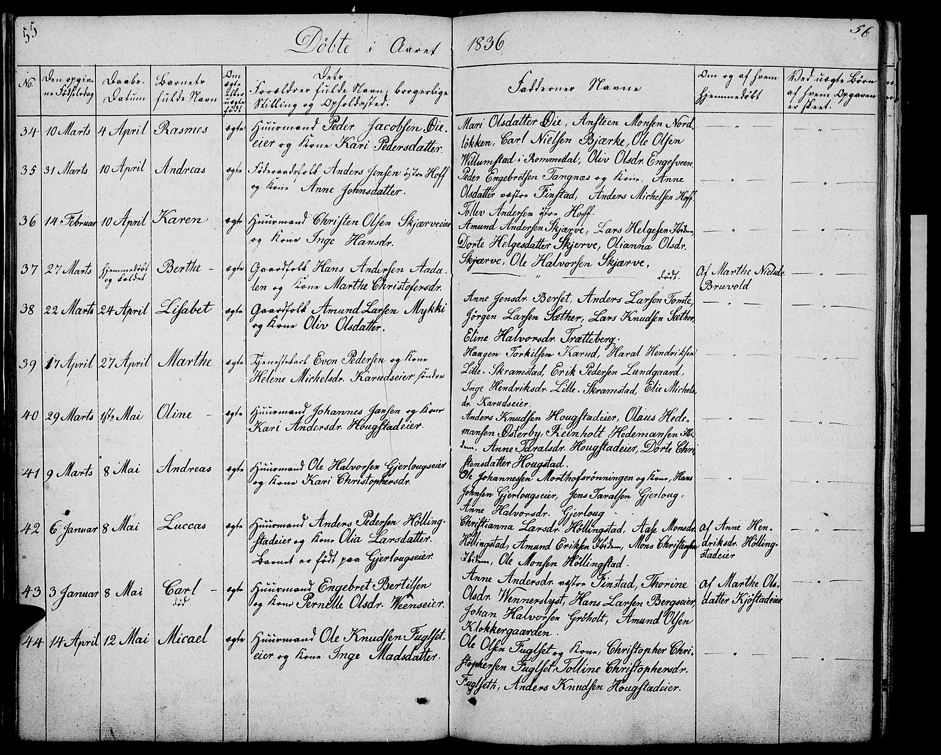 Løten prestekontor, SAH/PREST-022/L/La/L0002: Parish register (copy) no. 2, 1832-1850, p. 55-56