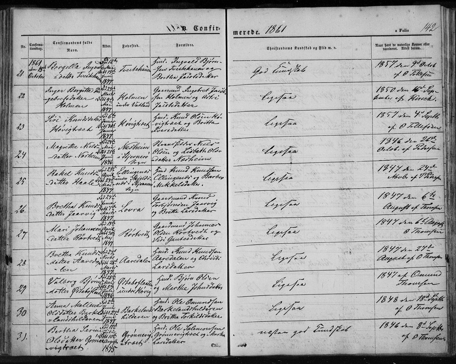 Jelsa sokneprestkontor, AV/SAST-A-101842/01/IV: Parish register (official) no. A 7, 1854-1866, p. 142