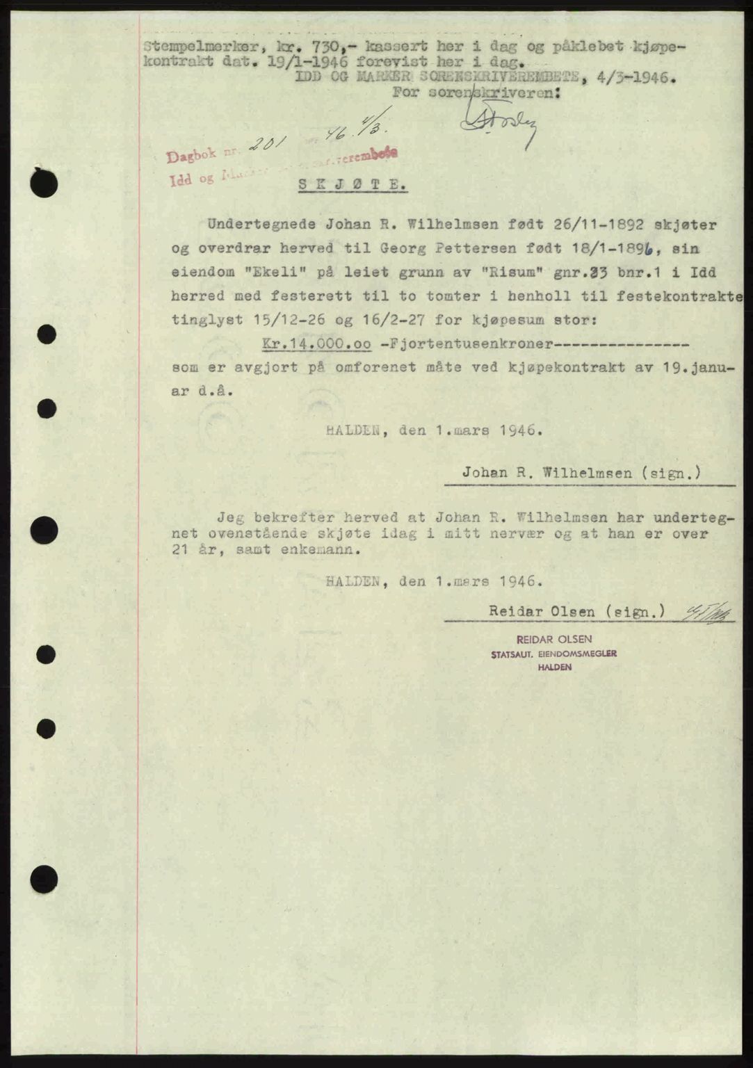 Idd og Marker sorenskriveri, AV/SAO-A-10283/G/Gb/Gbb/L0008: Mortgage book no. A8, 1946-1946, Diary no: : 201/1946