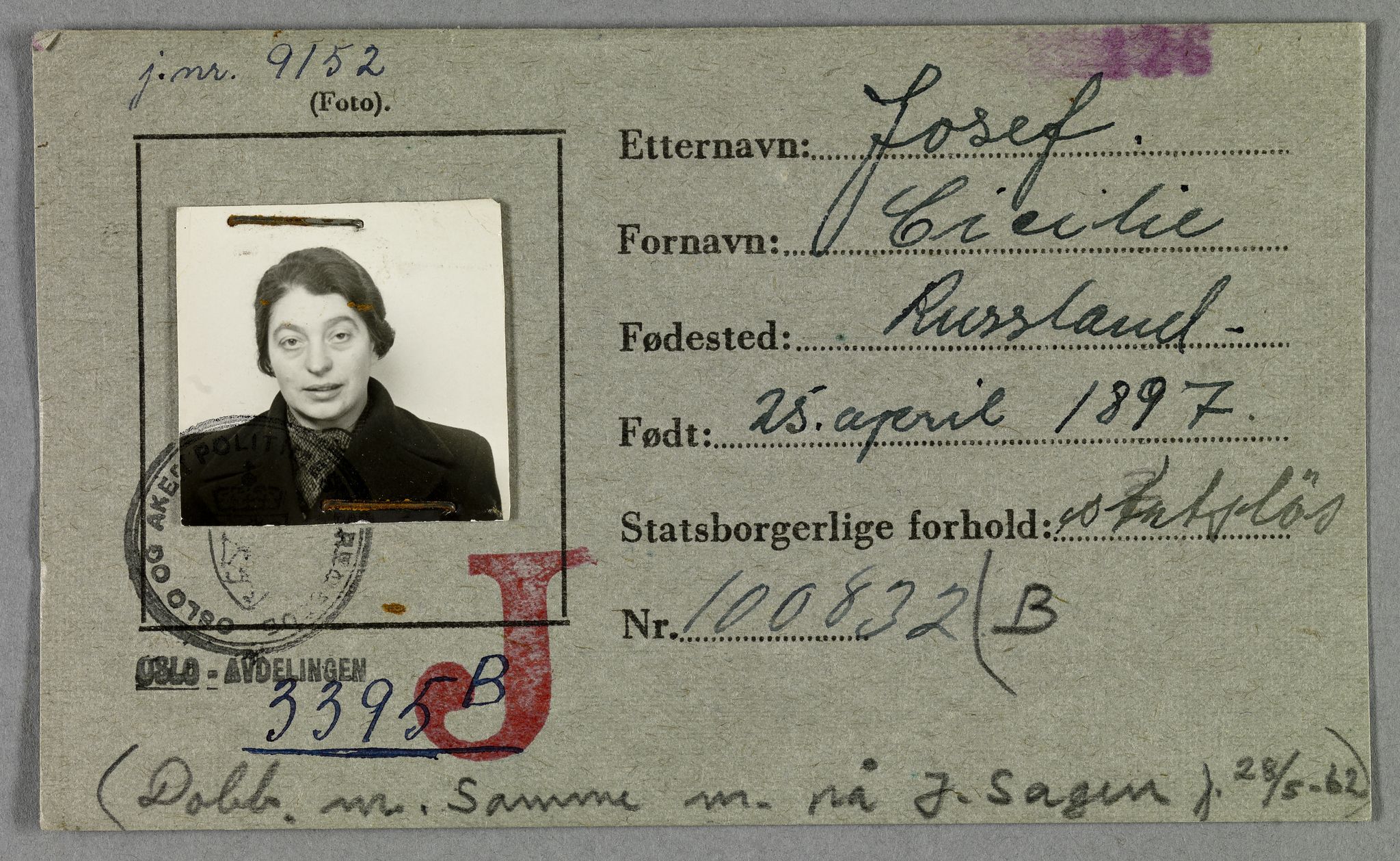 Sosialdepartementet, Våre Falne, RA/S-1708/E/Ee/L0021A: Fotografier av jøder på legitimasjonskort (1941-42), 1941-1942, p. 187
