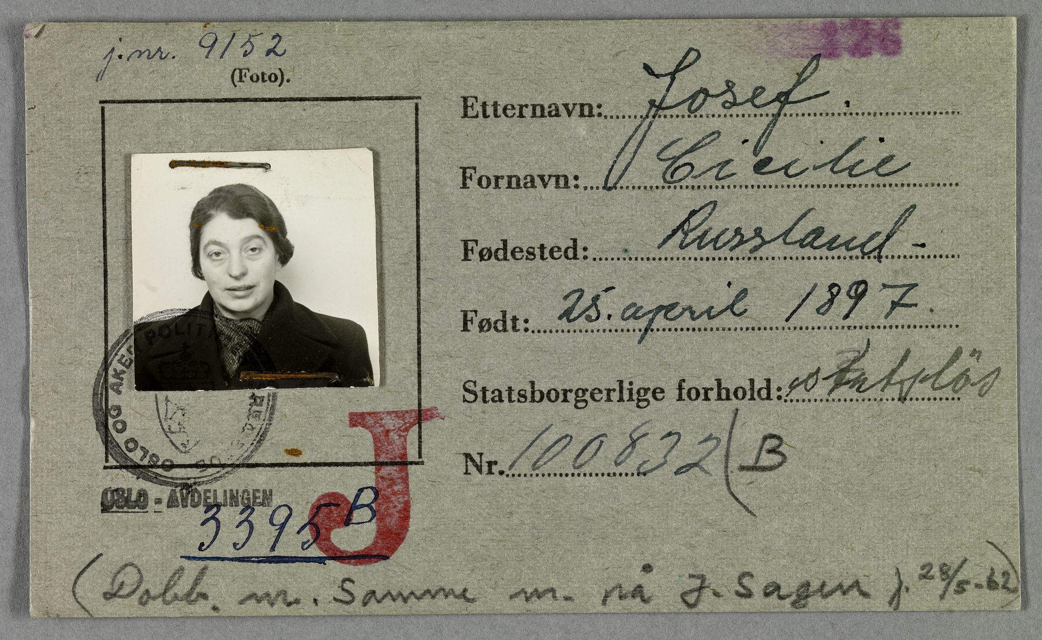 Sosialdepartementet, Våre Falne, AV/RA-S-1708/E/Ee/L0021A: Fotografier av jøder på legitimasjonskort (1941-42), 1941-1942, p. 187