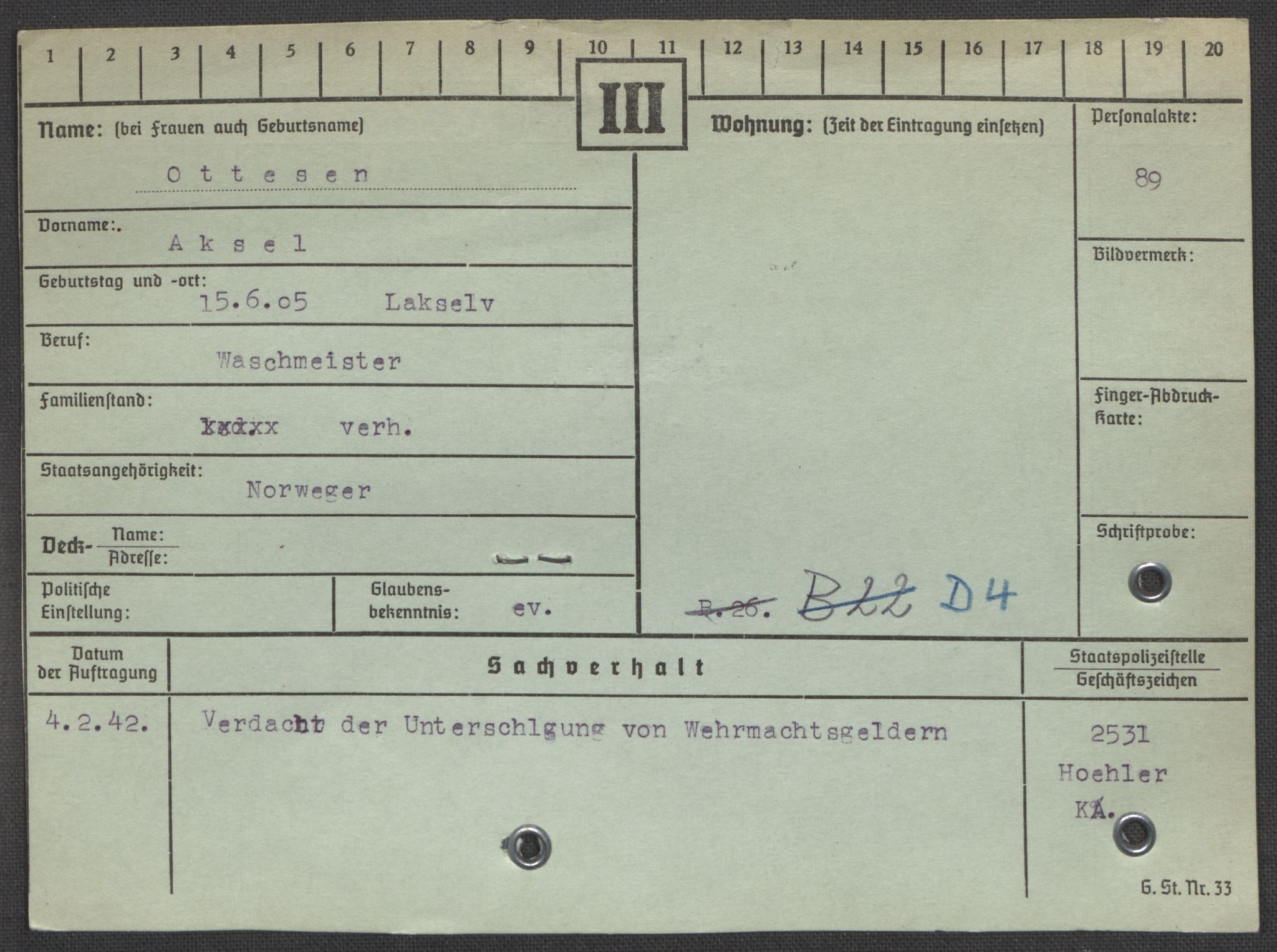 Befehlshaber der Sicherheitspolizei und des SD, RA/RAFA-5969/E/Ea/Eaa/L0008: Register over norske fanger i Møllergata 19: Oelze-Ru, 1940-1945, p. 504