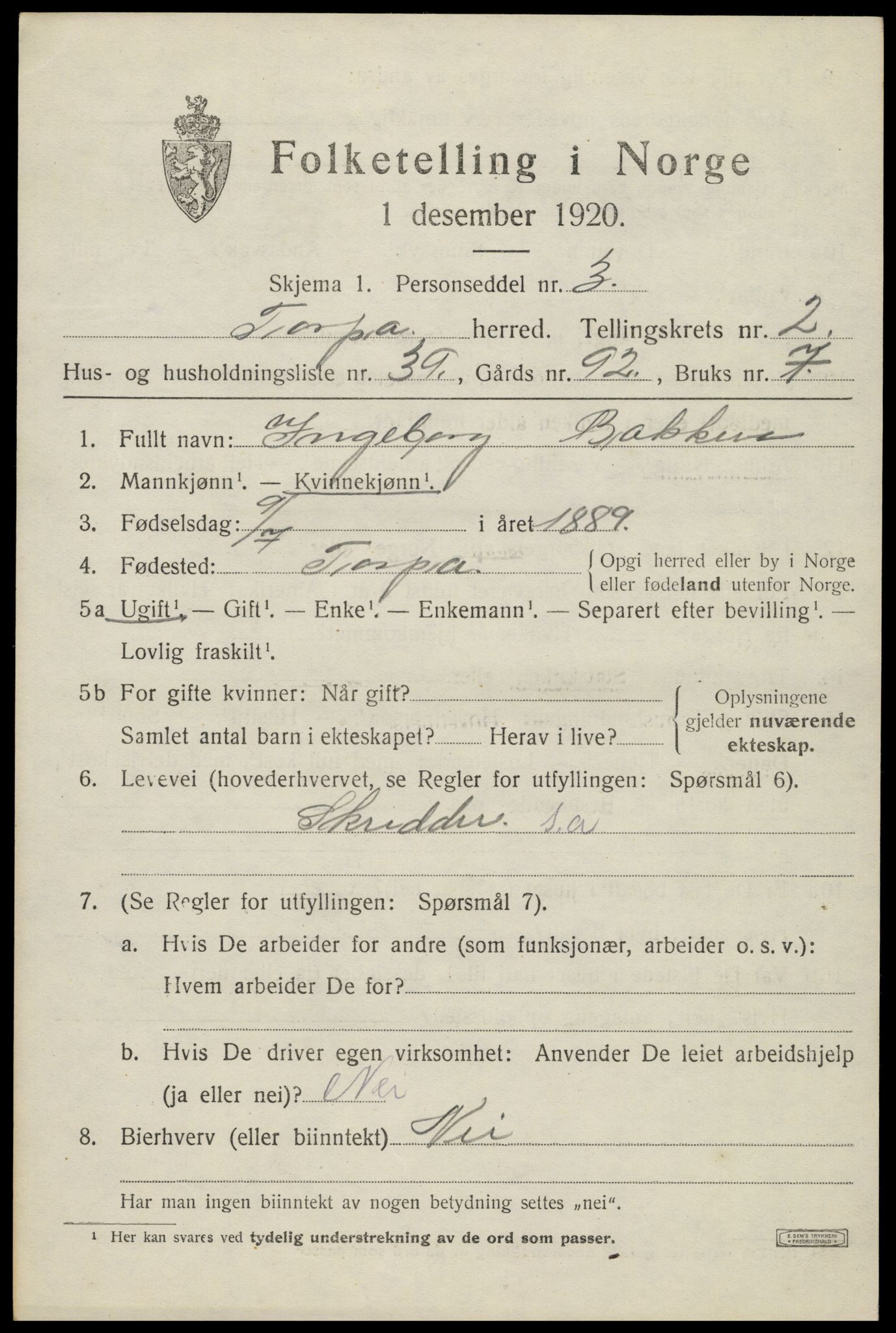 SAH, 1920 census for Torpa, 1920, p. 2123