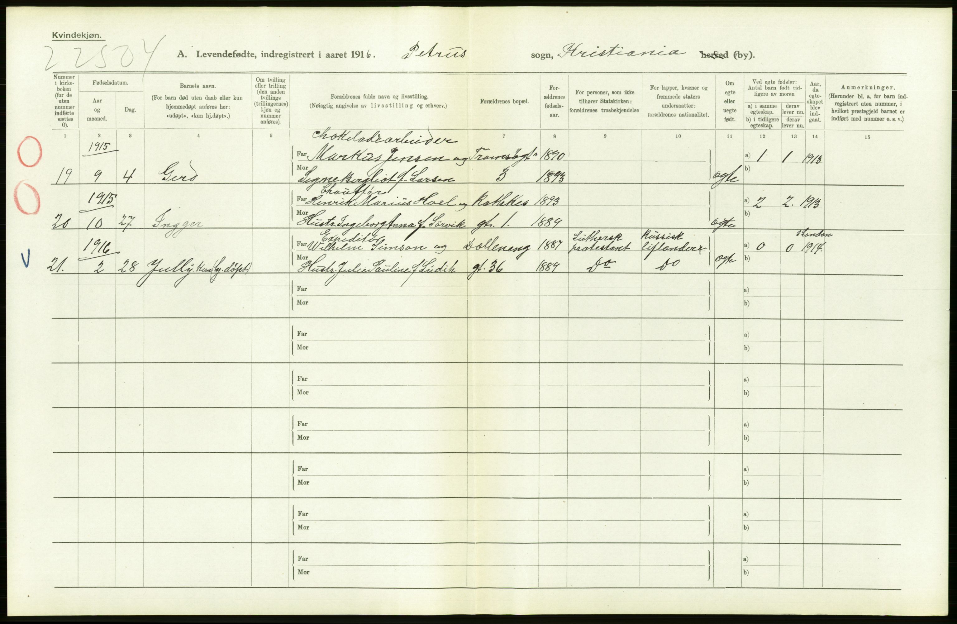 Statistisk sentralbyrå, Sosiodemografiske emner, Befolkning, AV/RA-S-2228/D/Df/Dfb/Dfbf/L0006: Kristiania: Levendefødte menn og kvinner., 1916, p. 600