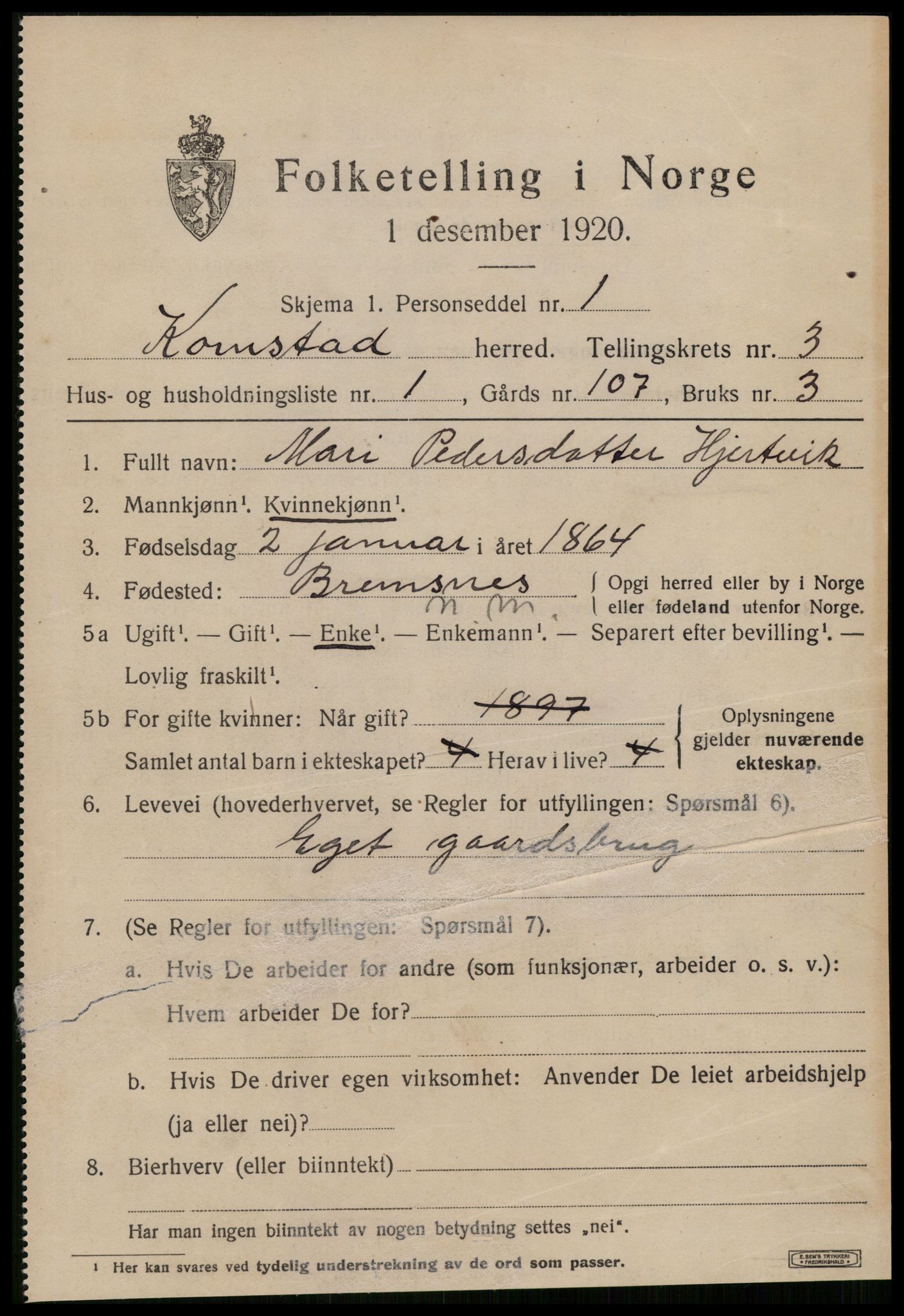 SAT, 1920 census for Kornstad, 1920, p. 1905